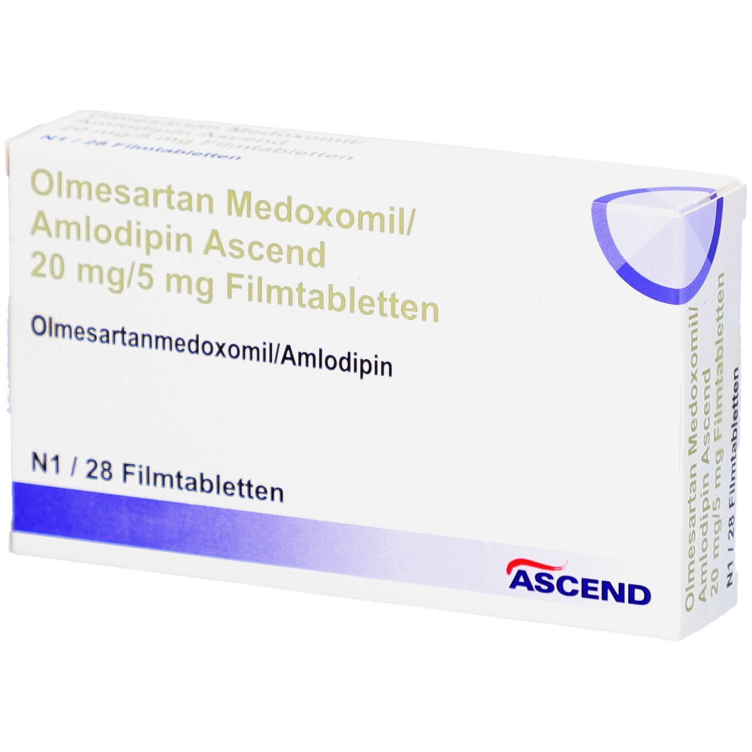 Weiße Arzneimittelverpackung mit blauer Verzierung. Beschriftung: Olmesartan Medoxomil/Amlodipin Ascend 20 mg/5 mg Filmtabletten. N1/28 Filmtabletten.