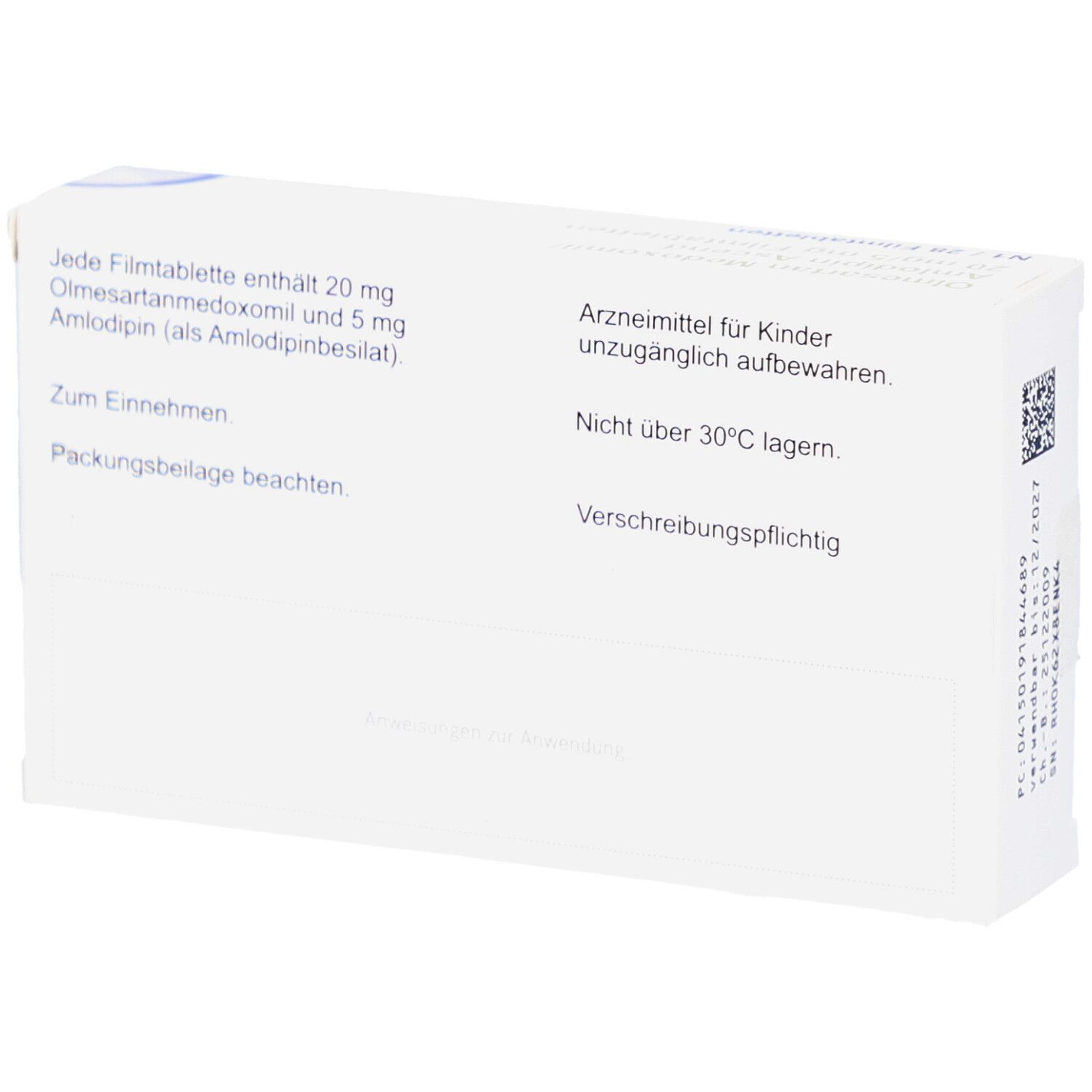 Rückseite der Arzneimittelverpackung. Text: Jede Filmtablette enthält 20 mg Olmesartanmedoxomil und 5 mg Amlodipin. Nicht über 30°C lagern.