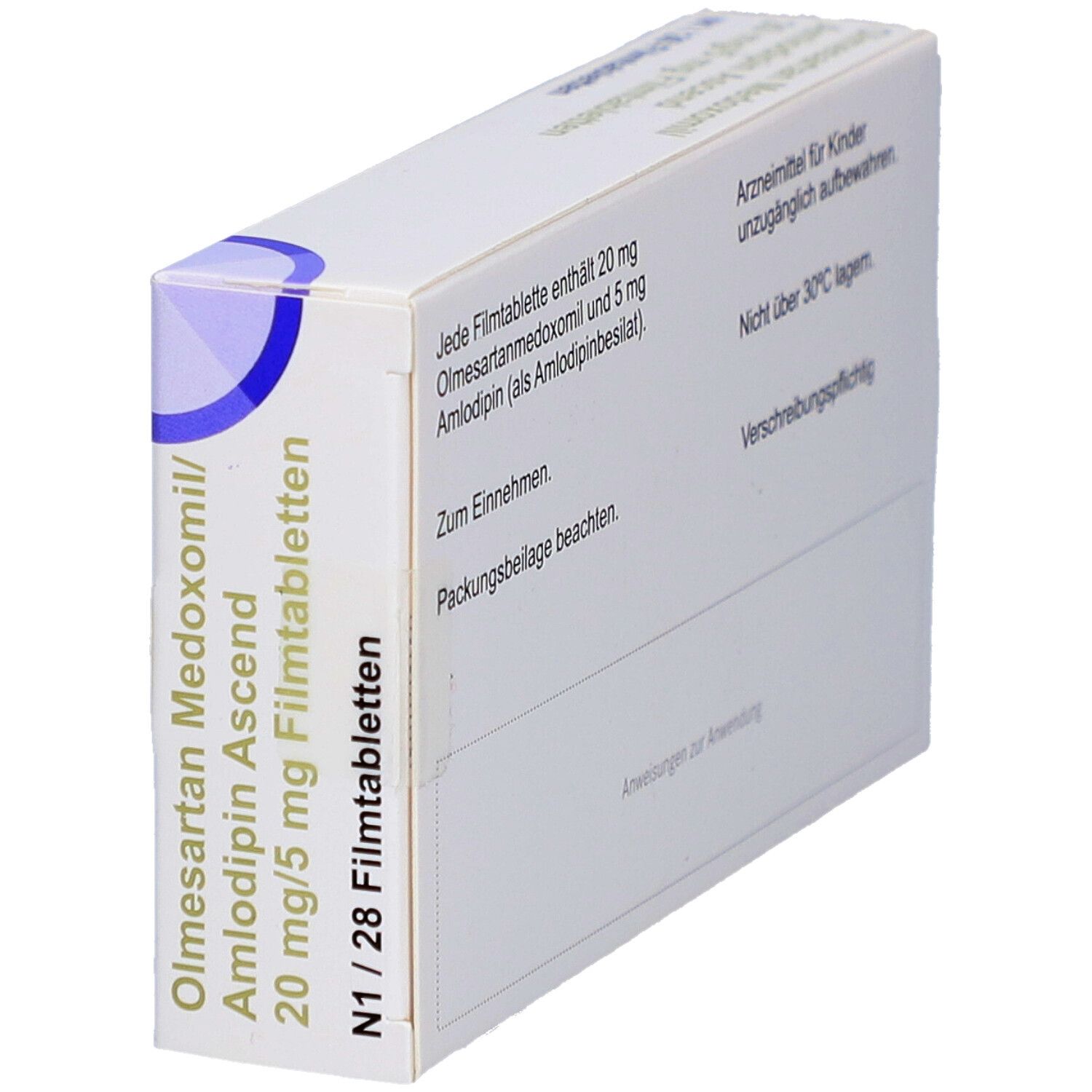 Arzneimittelverpackung, schräg gestellt. Beschriftung: Olmesartan Medoxomil/Amlodipin Ascend 20 mg/5 mg Filmtabletten. N1/28 Filmtabletten. Mit Text.