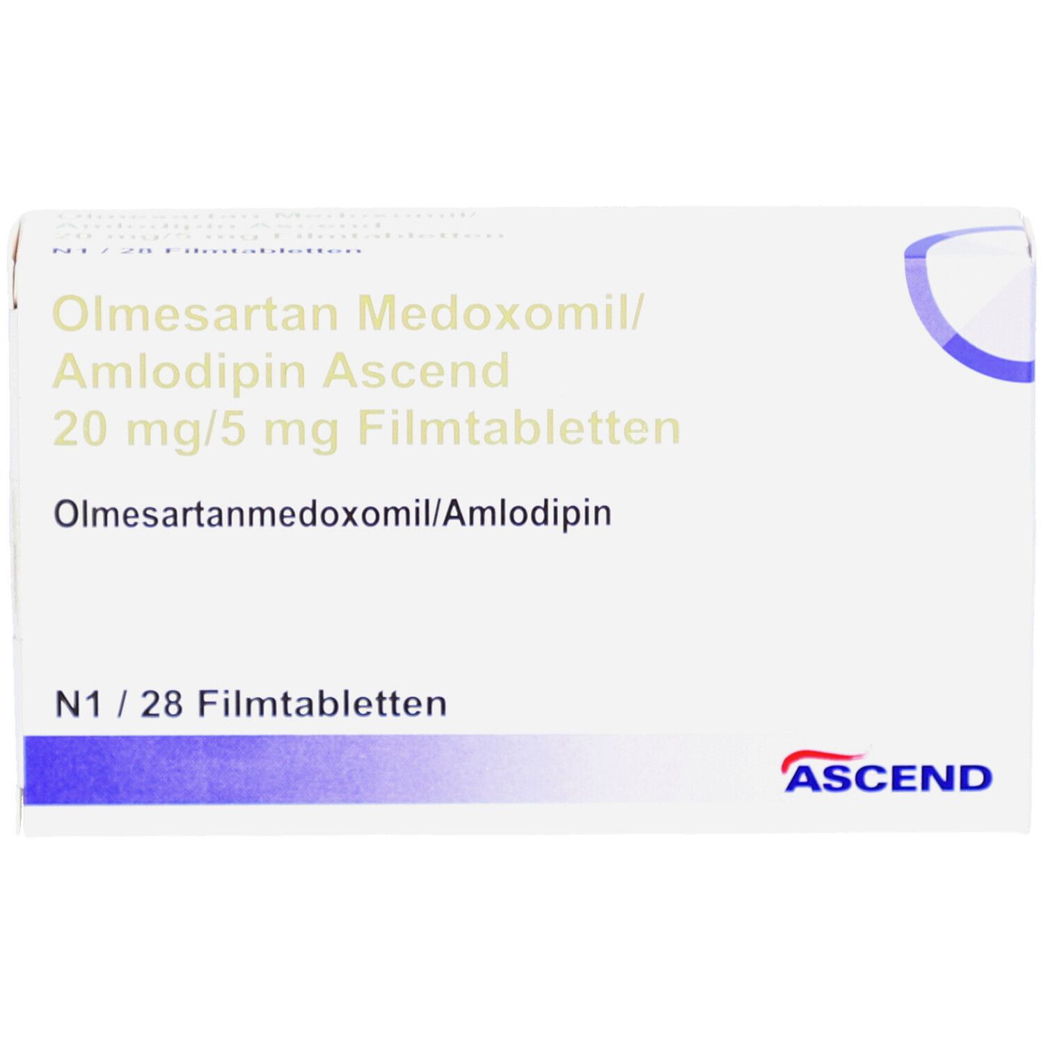 Weiße Arzneimittelverpackung mit blauer Verzierung. Beschriftung: Olmesartan Medoxomil/Amlodipin Ascend 20 mg/5 mg Filmtabletten. N1/28 Filmtabletten. ASCEND Logo.
