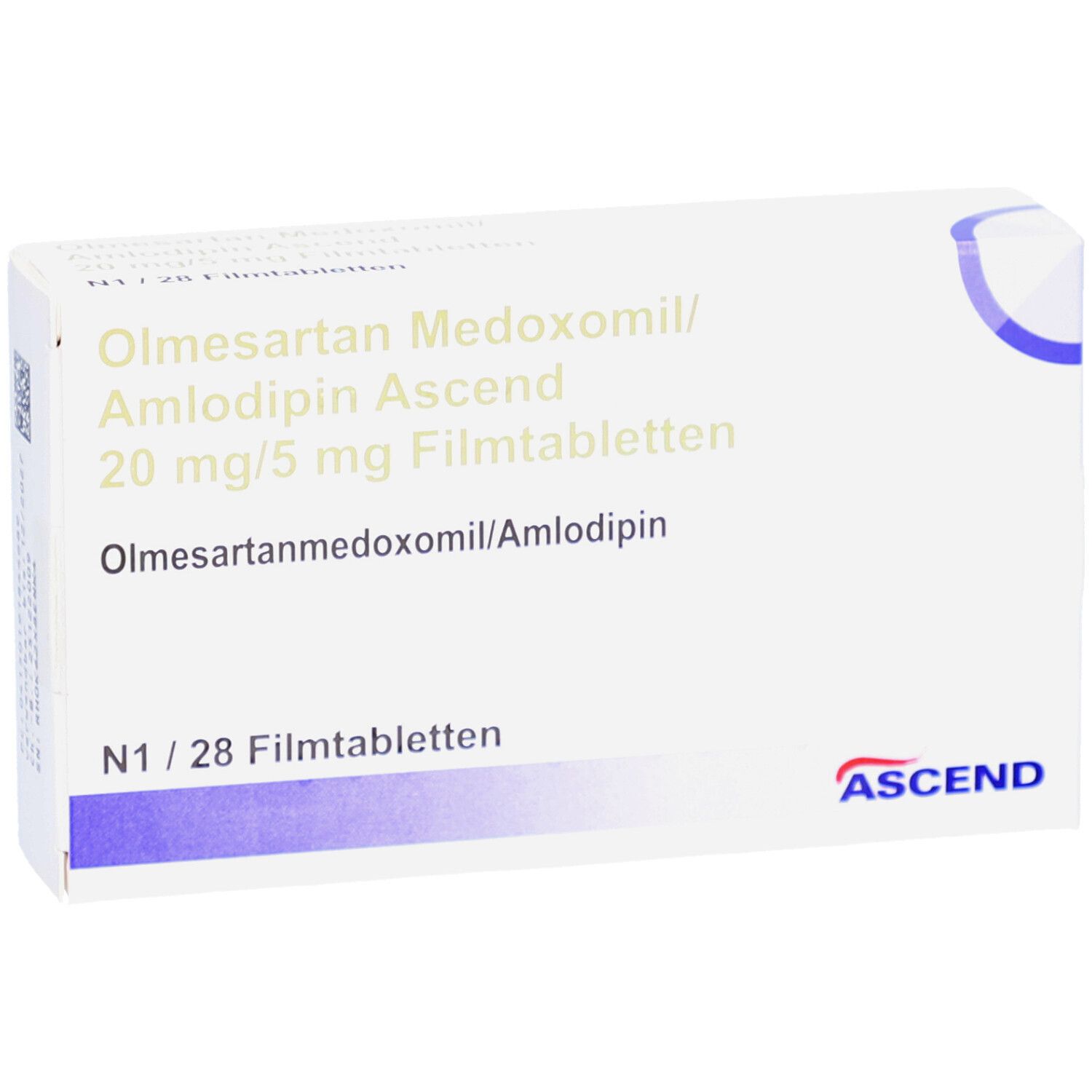 Arzneimittelverpackung, leicht schräg. Beschriftung: Olmesartan Medoxomil/Amlodipin Ascend 20 mg/5 mg Filmtabletten. N1/28 Filmtabletten. ASCEND Logo.