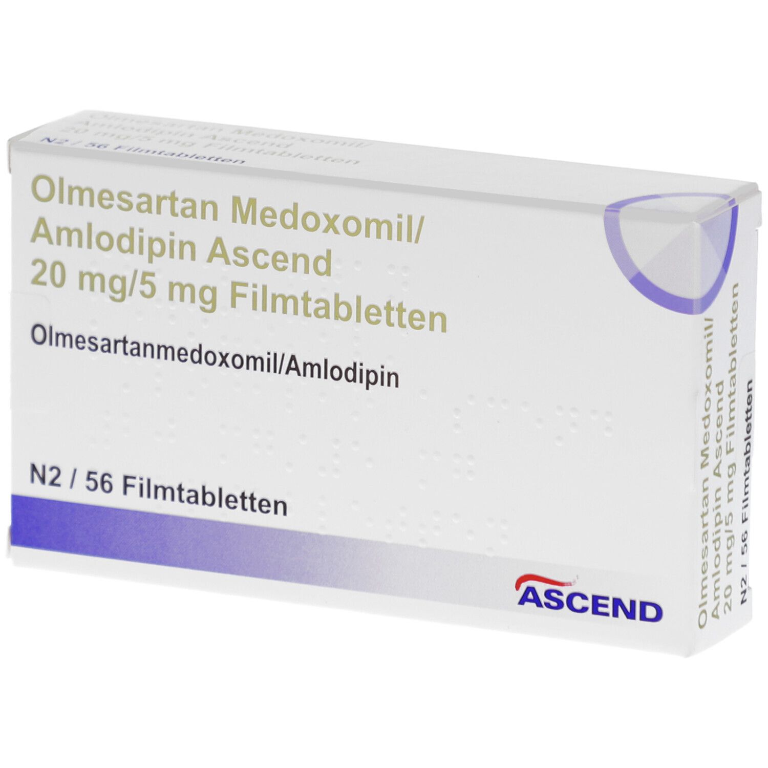 Weiße Arzneimittelverpackung. Beschriftung: Olmesartan Medoxomil/Amlodipin Ascend 20 mg/5 mg Filmtabletten. Packung mit 56 Tabletten.