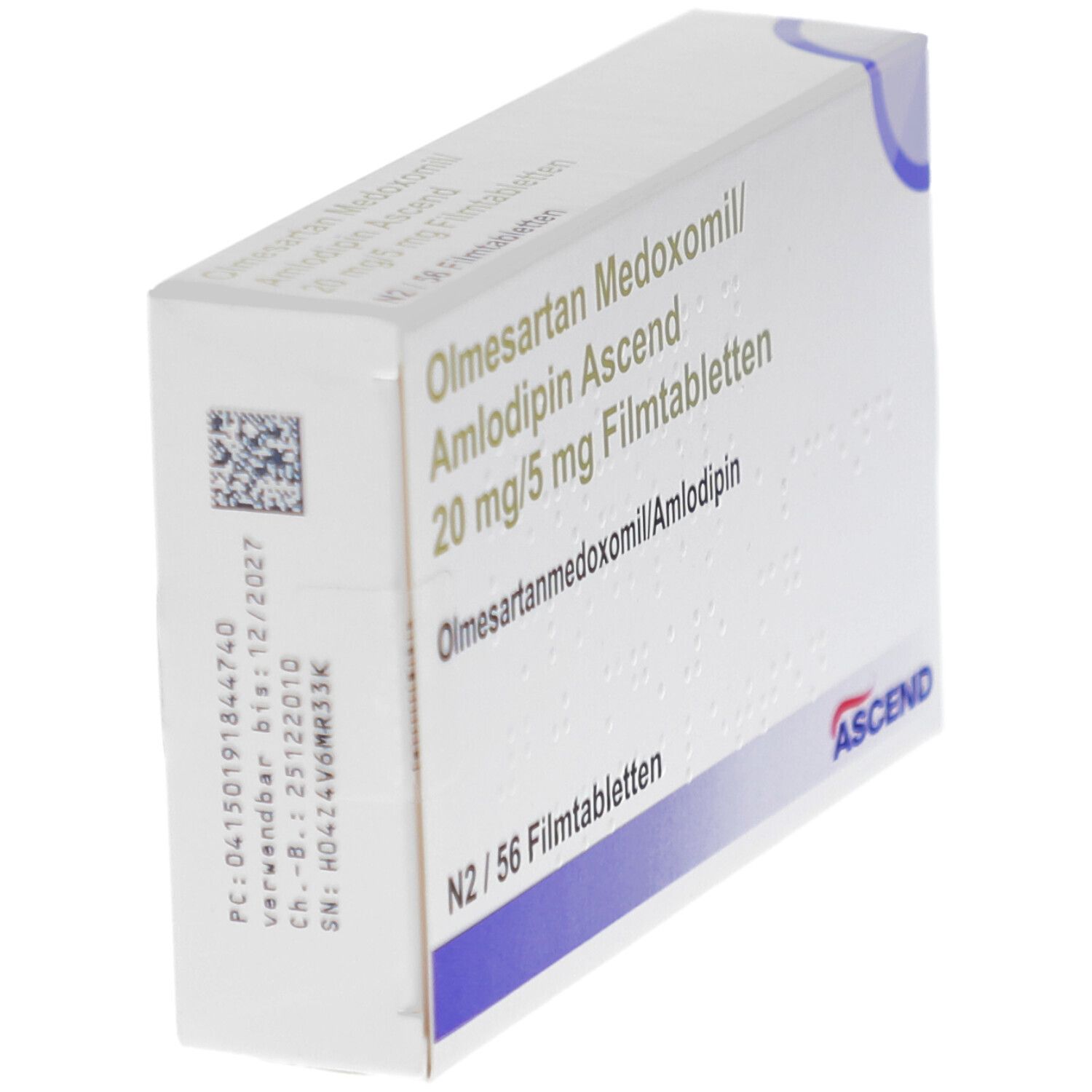 Weiße Arzneimittelverpackung. Beschriftung: Olmesartan Medoxomil/Amlodipin Ascend 20 mg/5 mg Filmtabletten. Mit QR-Code und Chargennummer.