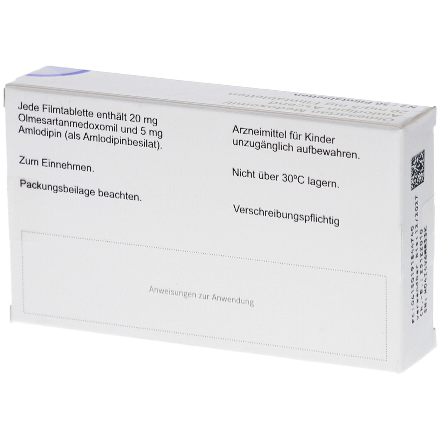Rückseite einer weißen Arzneimittelverpackung. Text: Dosierung, Lagerungshinweise, verschreibungspflichtig. Mit QR-Code.