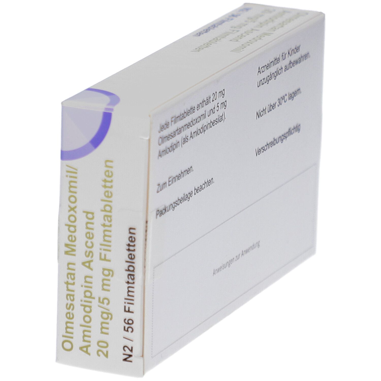 Weiße Arzneimittelverpackung. Beschriftung: Olmesartan Medoxomil/Amlodipin Ascend 20 mg/5 mg Filmtabletten. Packung mit 56 Tabletten.