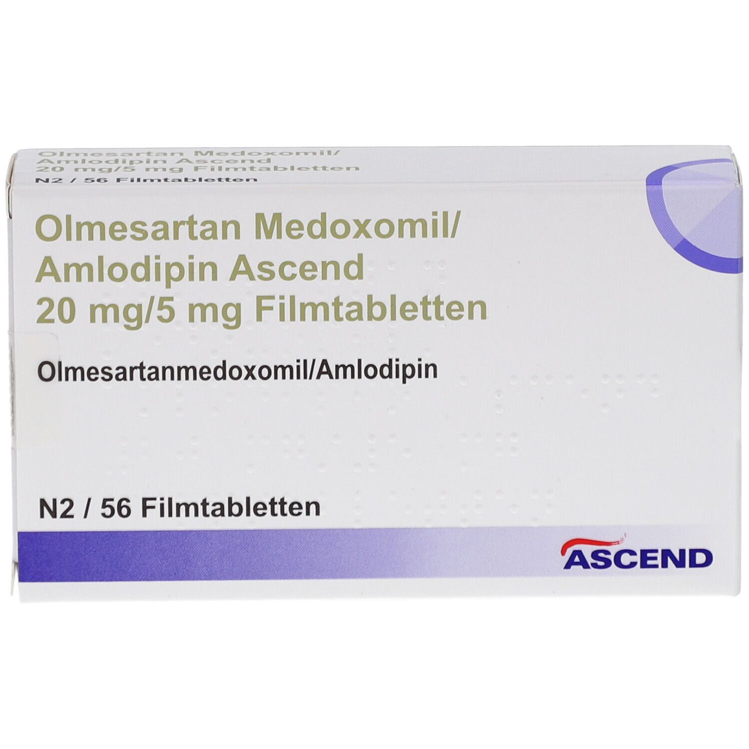 Weiße Arzneimittelverpackung. Beschriftung: Olmesartan Medoxomil/Amlodipin Ascend 20 mg/5 mg Filmtabletten. Packung mit 56 Tabletten.