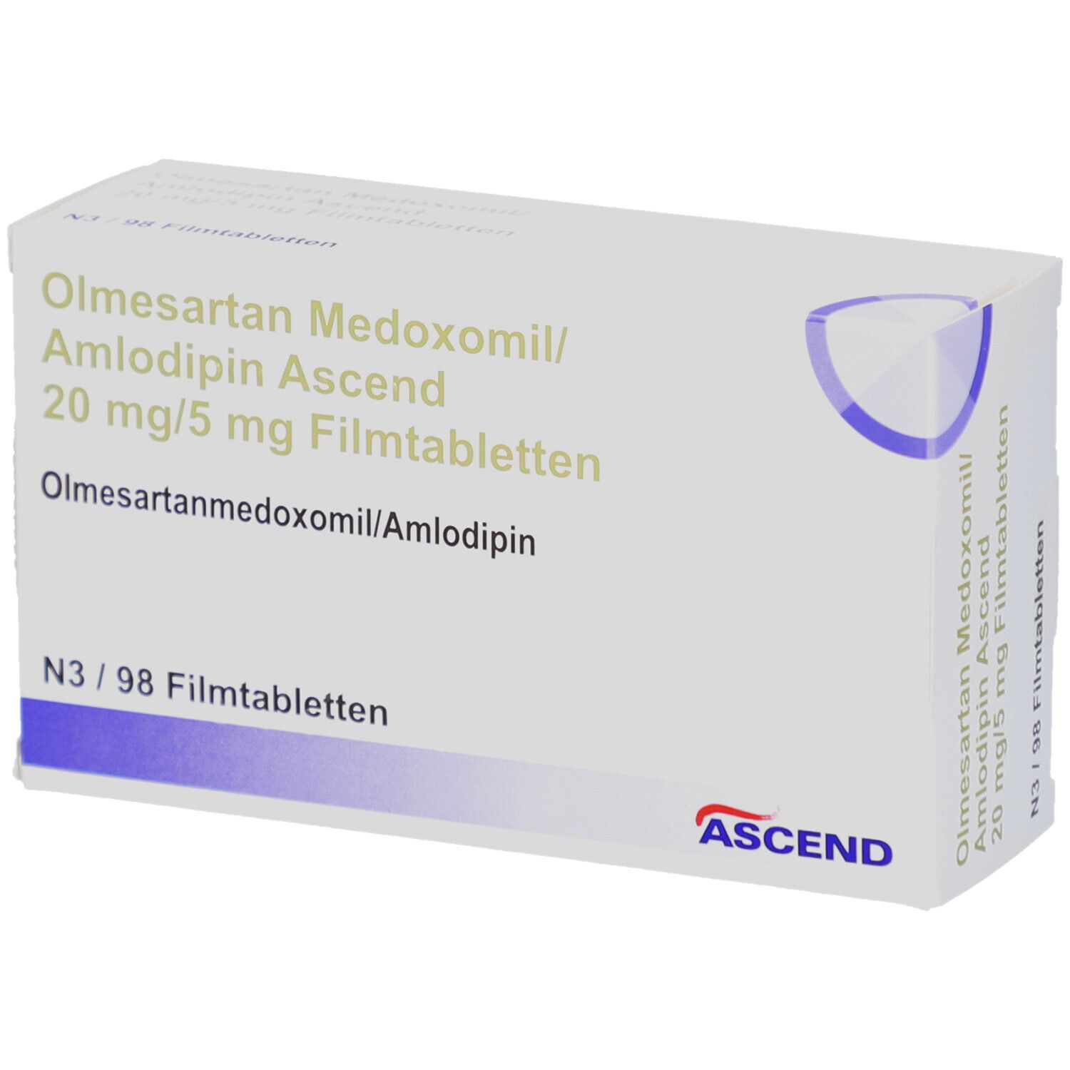 Weiße Arzneimittelverpackung. Beschriftung: Olmesartan Medoxomil/Amlodipin Ascend 20 mg/5 mg Filmtabletten. ASCEND-Logo.