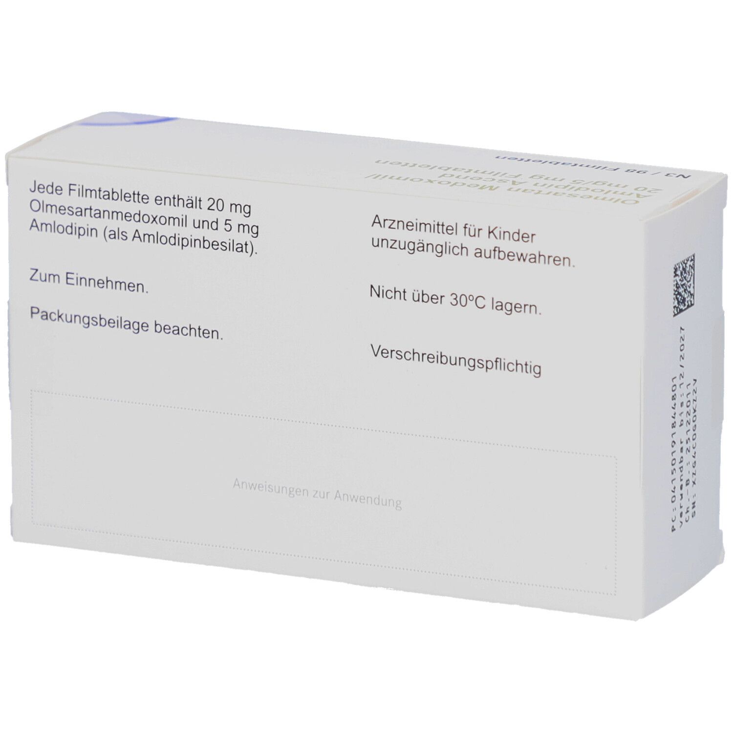 Rückseite einer weißen Arzneimittelverpackung. Text: Hinweise zur Einnahme, Lagerung und Warnhinweise. Verschreibungspflichtig.