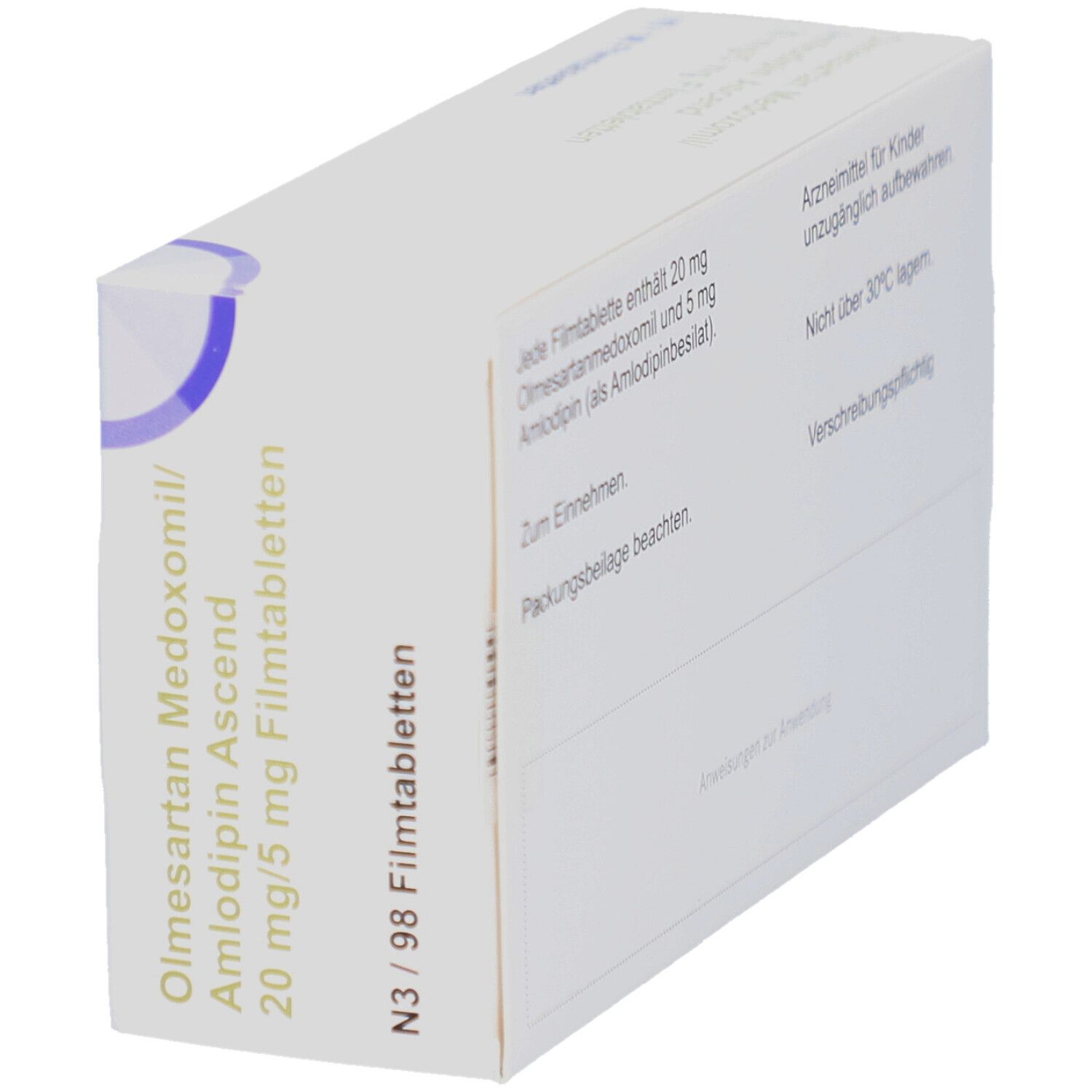Weiße Arzneimittelverpackung. Beschriftung: Olmesartan Medoxomil/Amlodipin Ascend 20 mg/5 mg Filmtabletten. Rückseite mit Text.