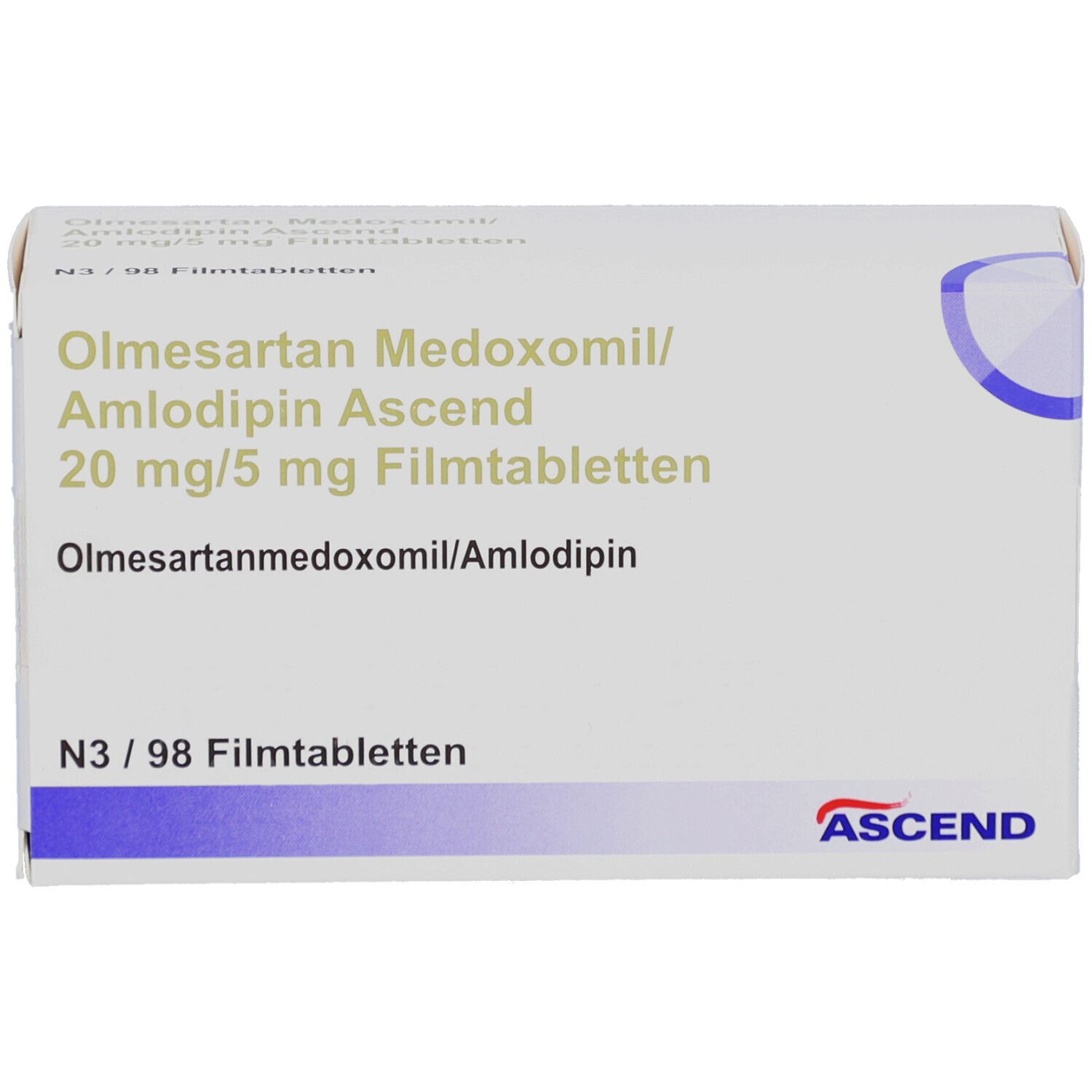 Schachtel mit Aufschrift Olmesartan Medoxomil/Amlodipin Ascend 20 mg/5 mg Filmtabletten. ASCEND-Logo. N3/98 Filmtabletten.