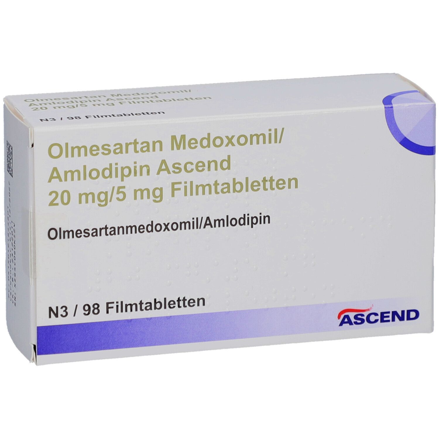 Weiße Arzneimittelverpackung. Beschriftung: Olmesartan Medoxomil/Amlodipin Ascend 20 mg/5 mg Filmtabletten. ASCEND-Logo.