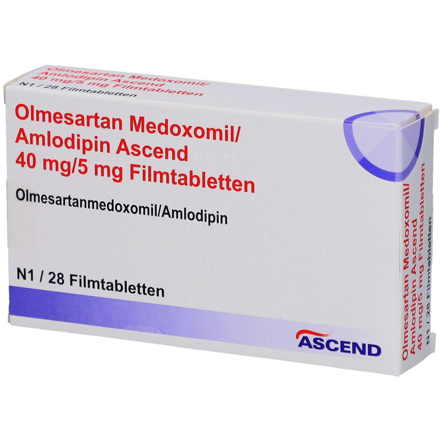 Schachtel mit Olmesartan Medoxomil/Amlodipin Ascend 40 mg/5 mg Filmtabletten. N1/28 Filmtabletten. ASCEND Logo.
