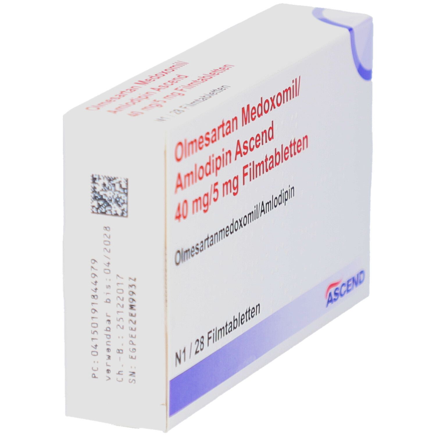 Schachtel mit Olmesartan Medoxomil/Amlodipin Ascend 40 mg/5 mg Filmtabletten. Details: PC, Verwendbar bis, SN, EGPRE2M9932.