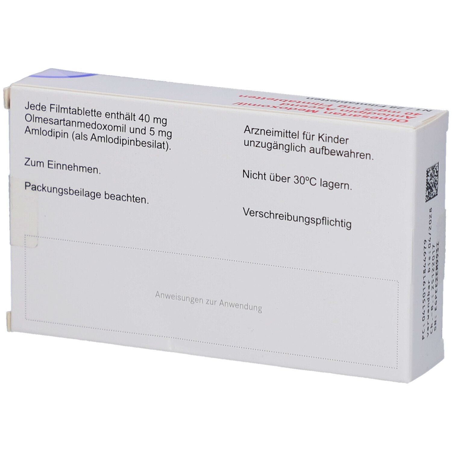 Rückseite der Schachtel mit Informationen zu Olmesartan Medoxomil/Amlodipin Ascend. Enthält 40 mg Olmesartanmedoxomil und 5 mg Amlodipin.