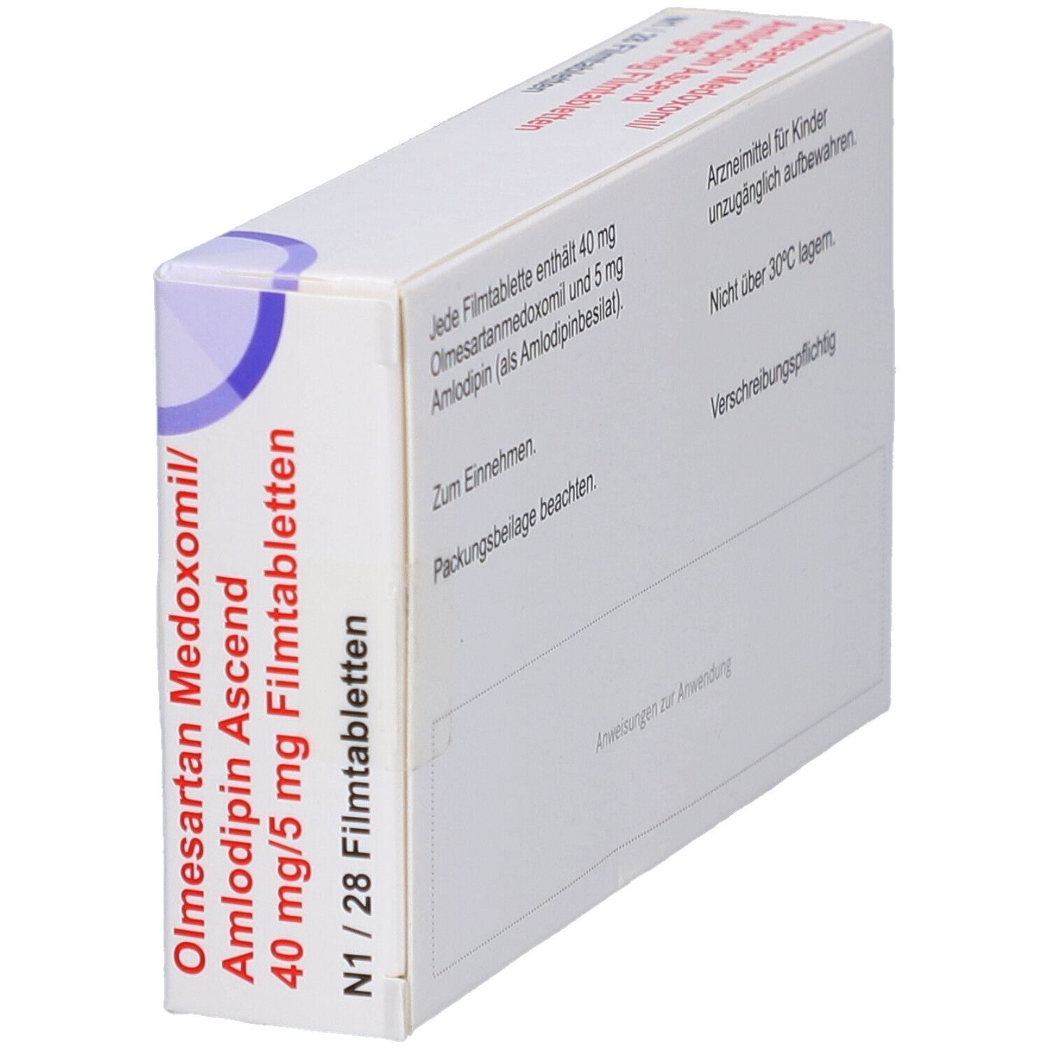 Schachtel mit Olmesartan Medoxomil/Amlodipin Ascend 40 mg/5 mg Filmtabletten. N1/28 Filmtabletten. Rückseite mit Text.