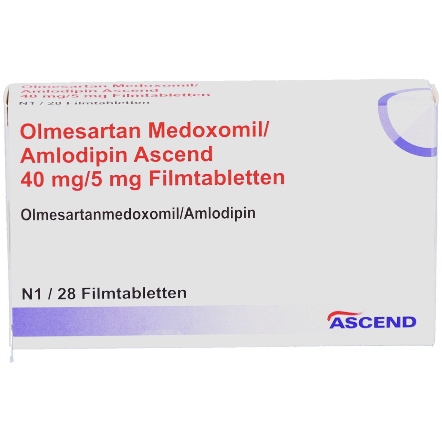 Schachtel mit Olmesartan Medoxomil/Amlodipin Ascend 40 mg/5 mg Filmtabletten. N1/28 Filmtabletten. ASCEND Logo.