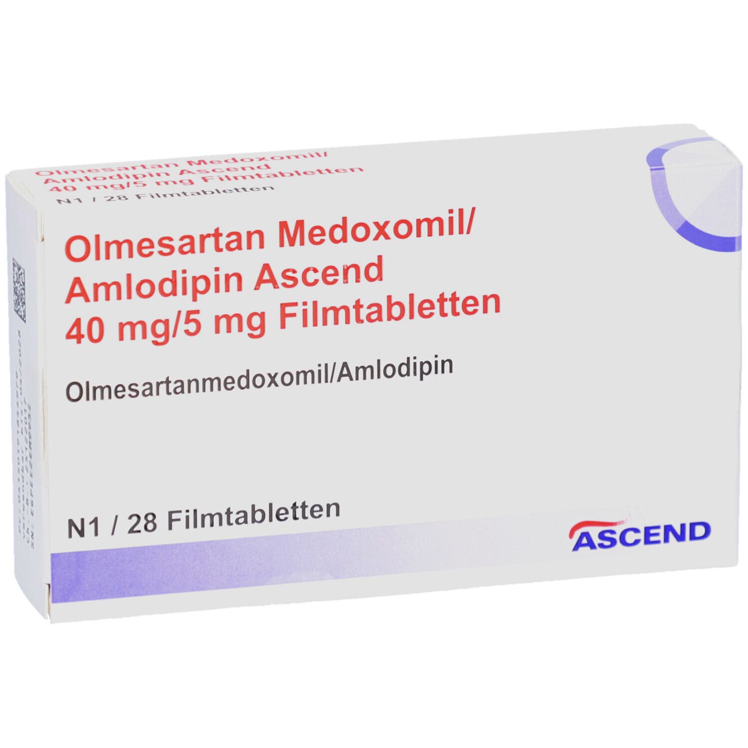 Schachtel mit Olmesartan Medoxomil/Amlodipin Ascend 40 mg/5 mg Filmtabletten. N1/28 Filmtabletten. ASCEND Logo.