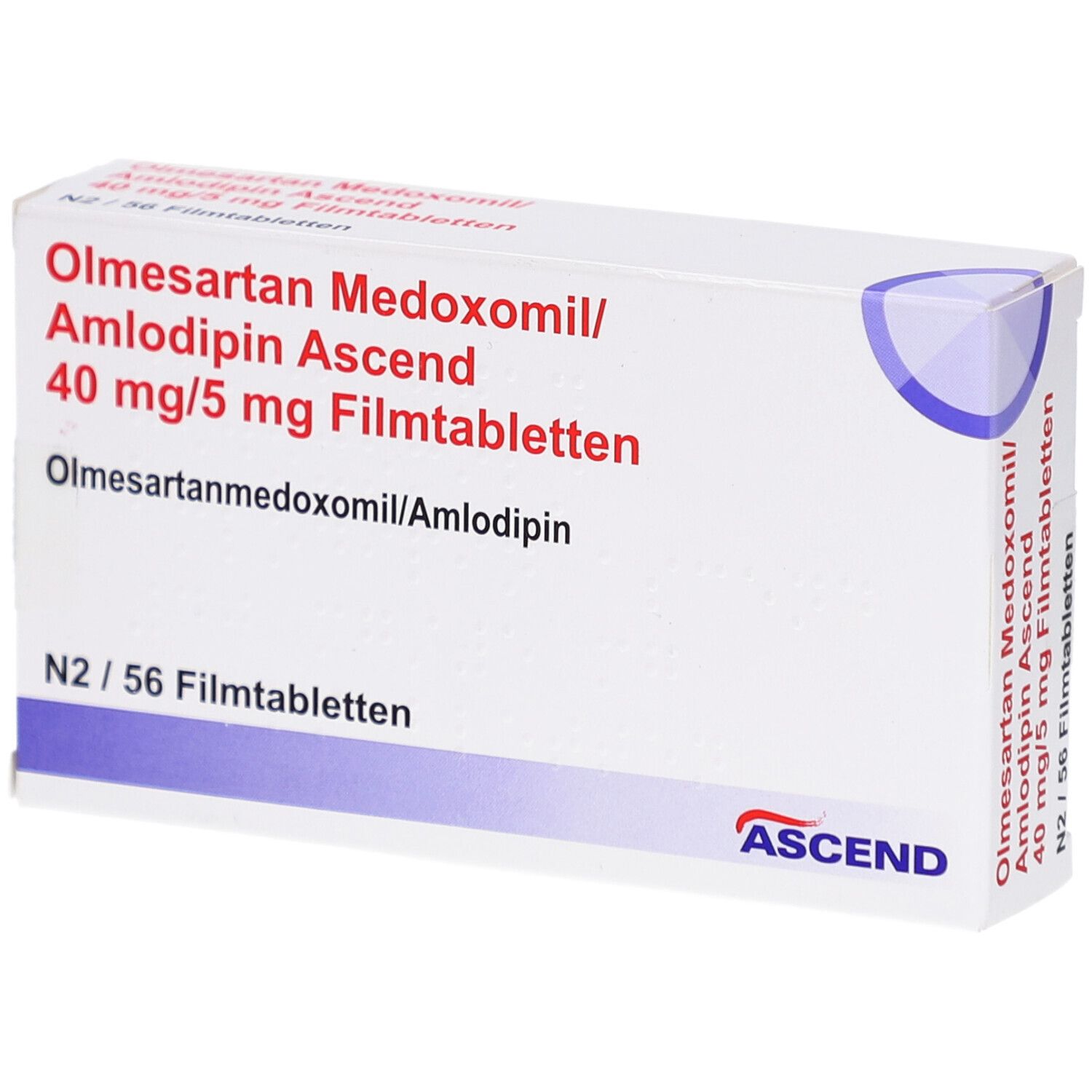 Weiße Arzneimittelverpackung. Aufschrift: Olmesartan Medoxomil/Amlodipin Ascend 40 mg/5 mg Filmtabletten. ASCEND-Logo.