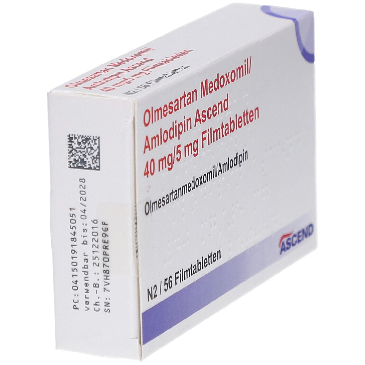Arzneimittelverpackung, weiß. Aufschrift: Olmesartan Medoxomil/Amlodipin Ascend 40 mg/5 mg Filmtabletten. Mit Barcode und Chargennummer.