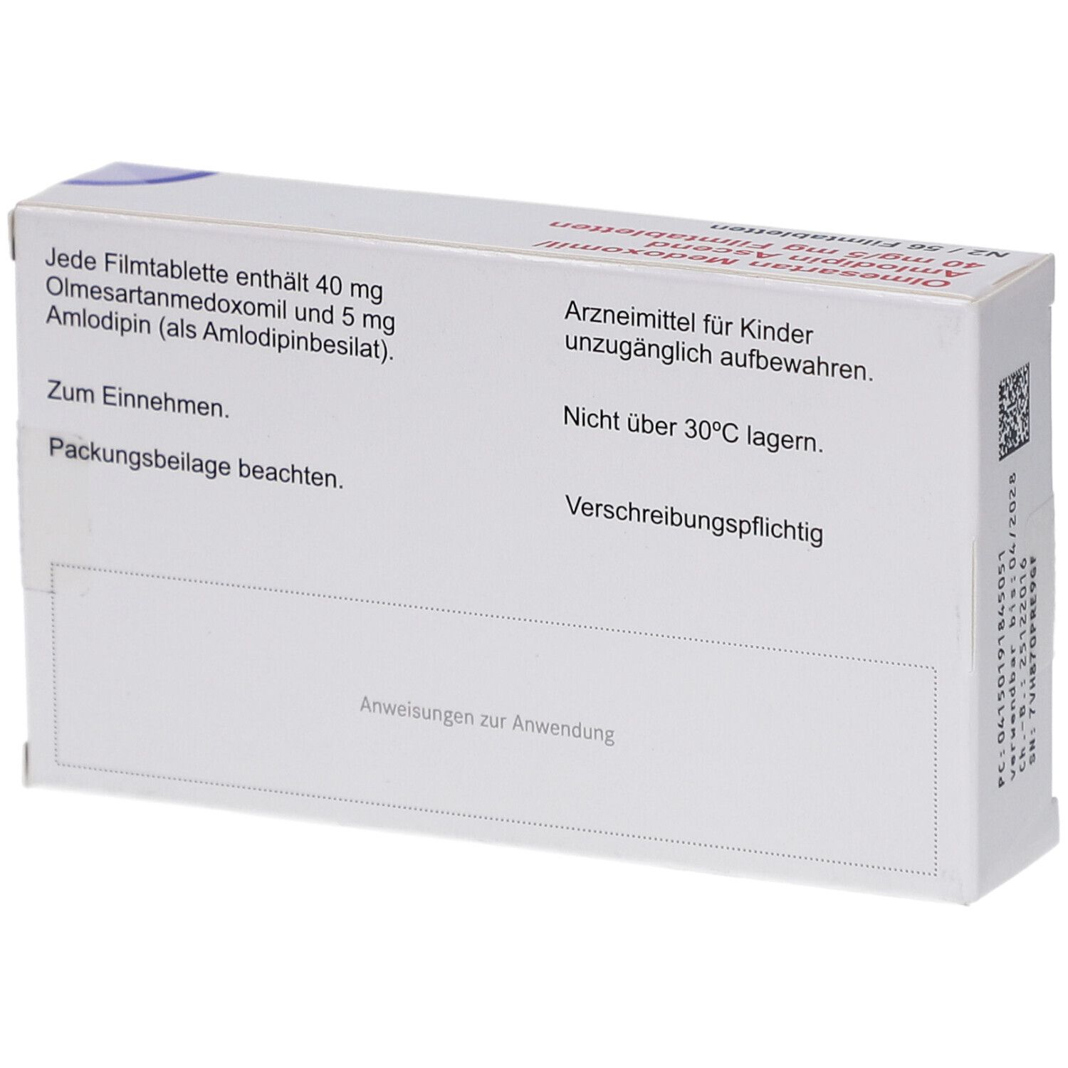 Rückseite der Arzneimittelverpackung. Text: Hinweise zur Anwendung, Inhaltsstoffe, Lagerungshinweise. Warnhinweis: Für Kinder unzugänglich aufbewahren.