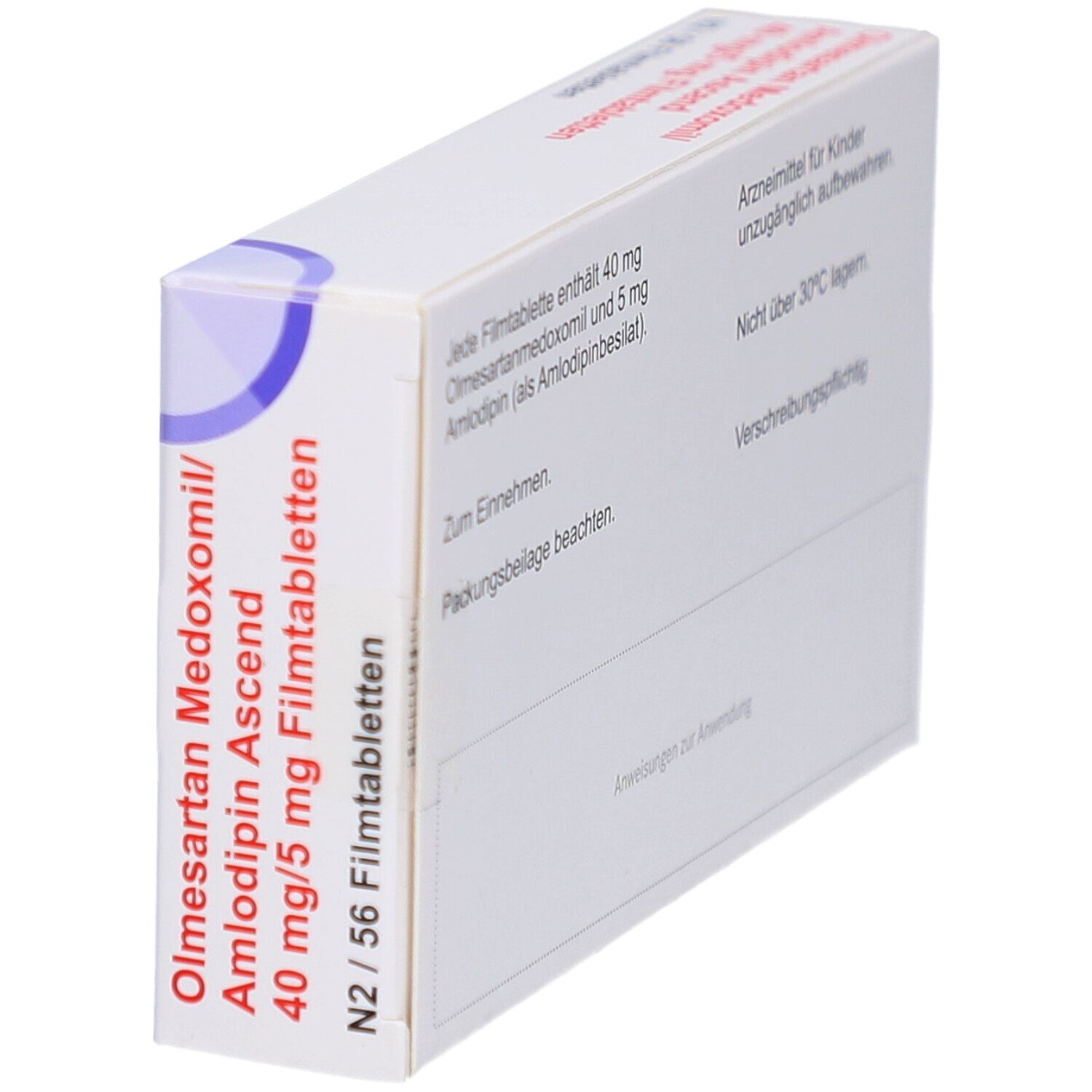 Arzneimittelverpackung, weiß. Aufschrift: Olmesartan Medoxomil/Amlodipin Ascend 40 mg/5 mg Filmtabletten. Rückseite mit Text und Logo.