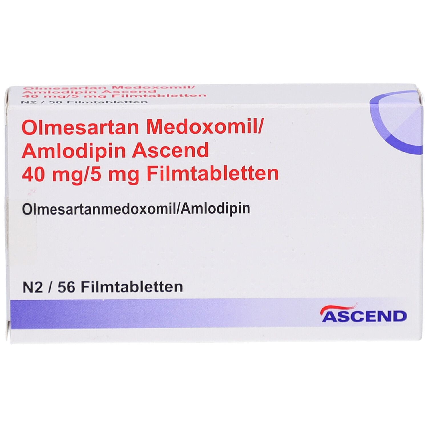 Weiße Arzneimittelverpackung. Aufschrift: Olmesartan Medoxomil/Amlodipin Ascend 40 mg/5 mg Filmtabletten. ASCEND-Logo.
