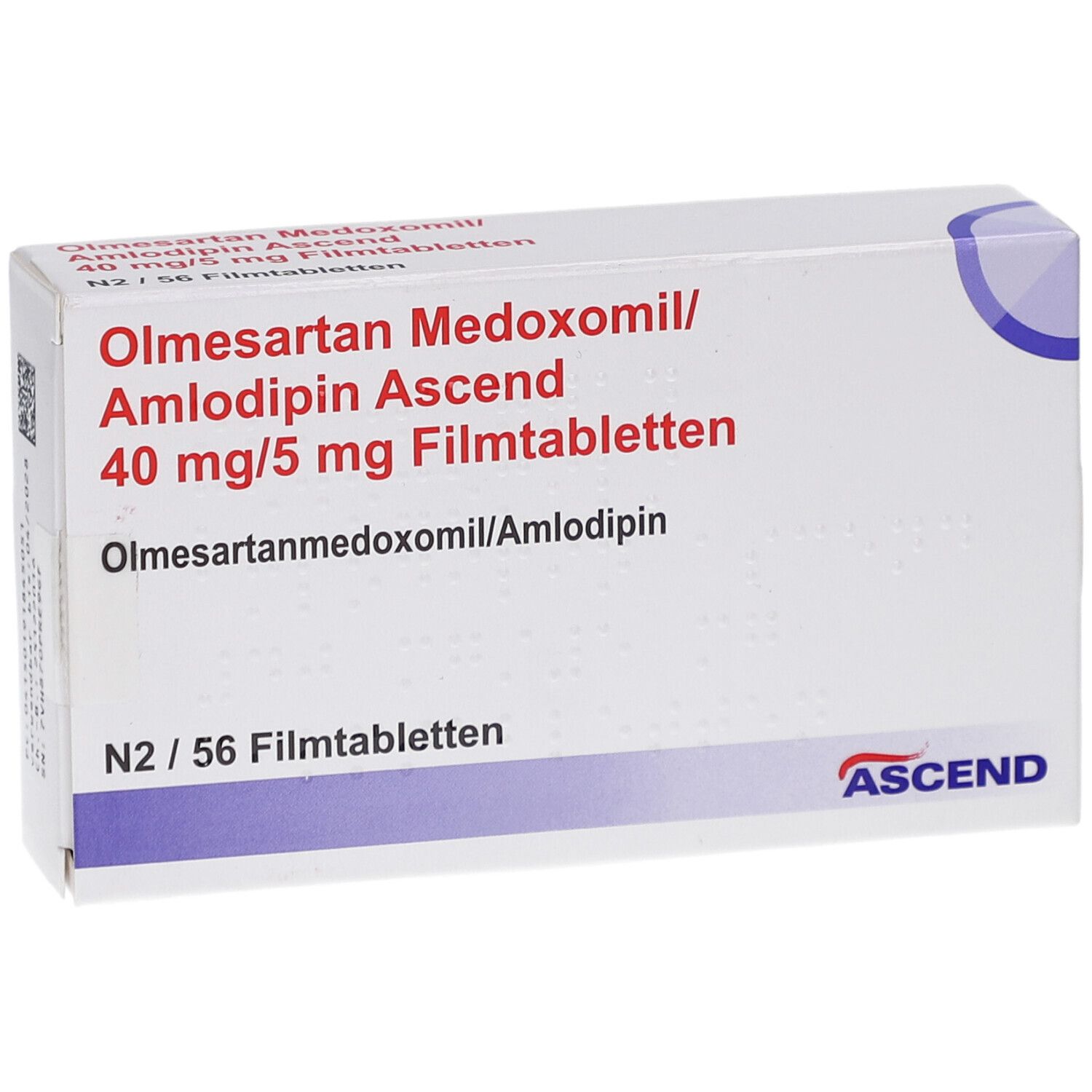 Weiße Arzneimittelverpackung. Aufschrift: Olmesartan Medoxomil/Amlodipin Ascend 40 mg/5 mg Filmtabletten. ASCEND-Logo.