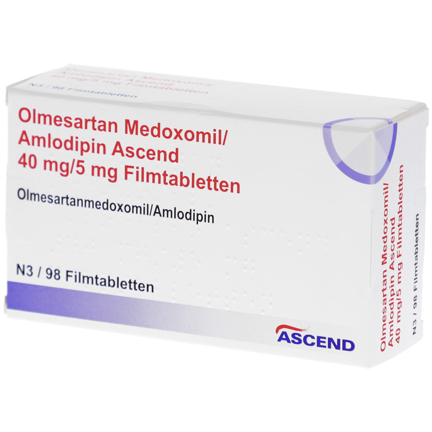 Schachtel mit Aufschrift Olmesartan Medoxomil/Amlodipin Ascend 40 mg/5 mg Filmtabletten. ASCEND-Logo.