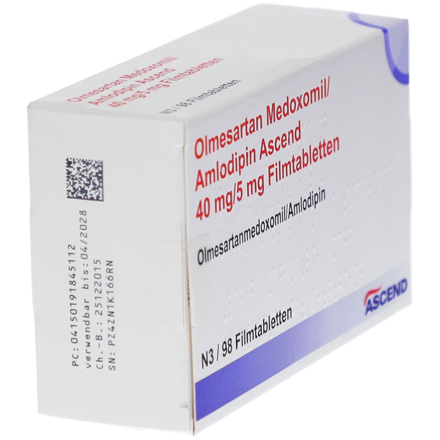 Schachtel mit Aufschrift Olmesartan Medoxomil/Amlodipin Ascend 40 mg/5 mg Filmtabletten. ASCEND-Logo. Code und Verfallsdatum.