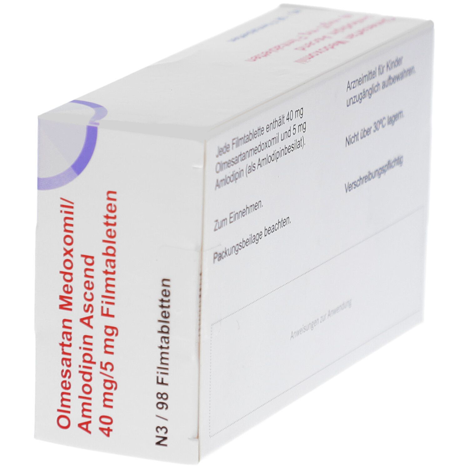 Schachtel mit Aufschrift Olmesartan Medoxomil/Amlodipin Ascend 40 mg/5 mg Filmtabletten. Rückseite sichtbar.