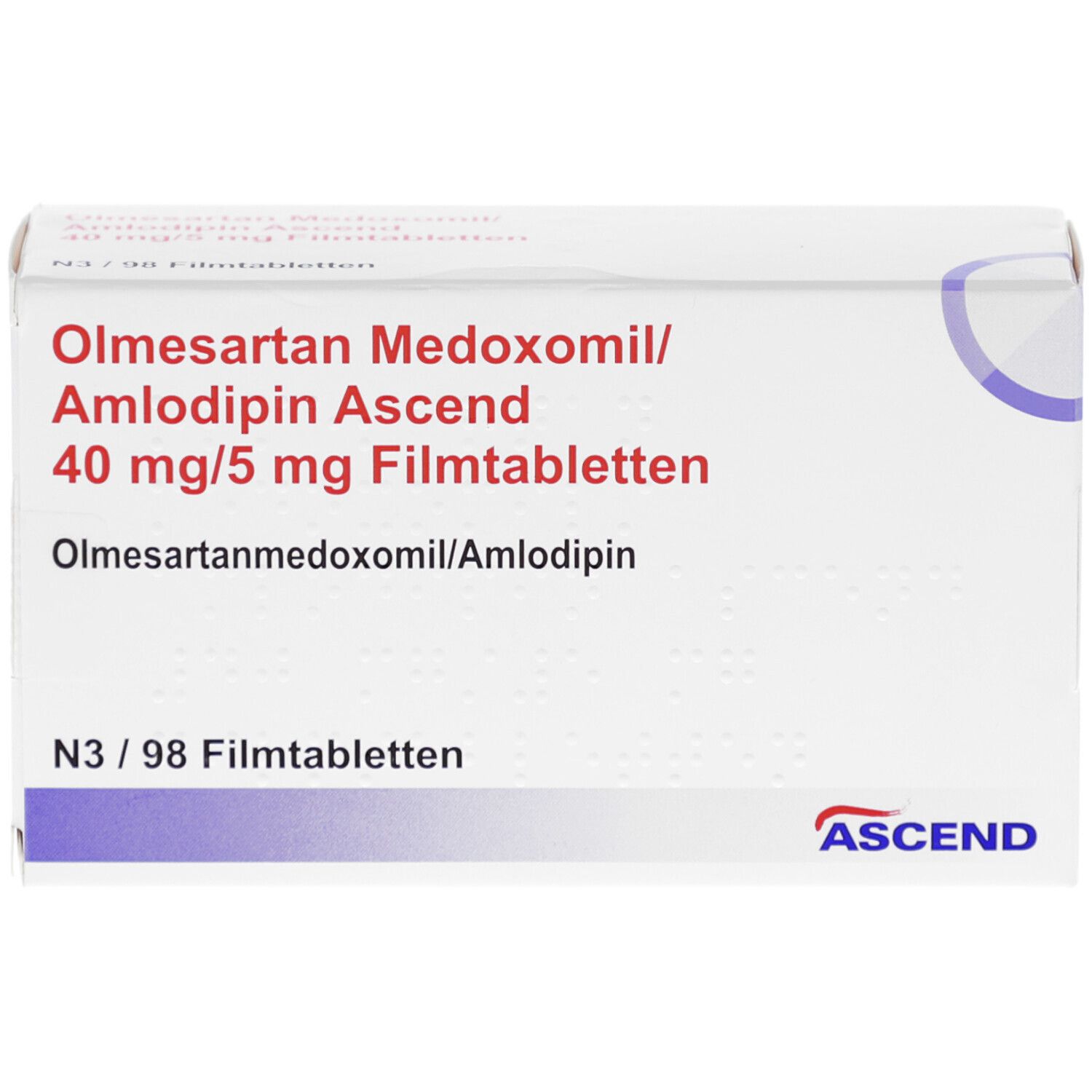 Schachtel mit Aufschrift Olmesartan Medoxomil/Amlodipin Ascend 40 mg/5 mg Filmtabletten. ASCEND-Logo.