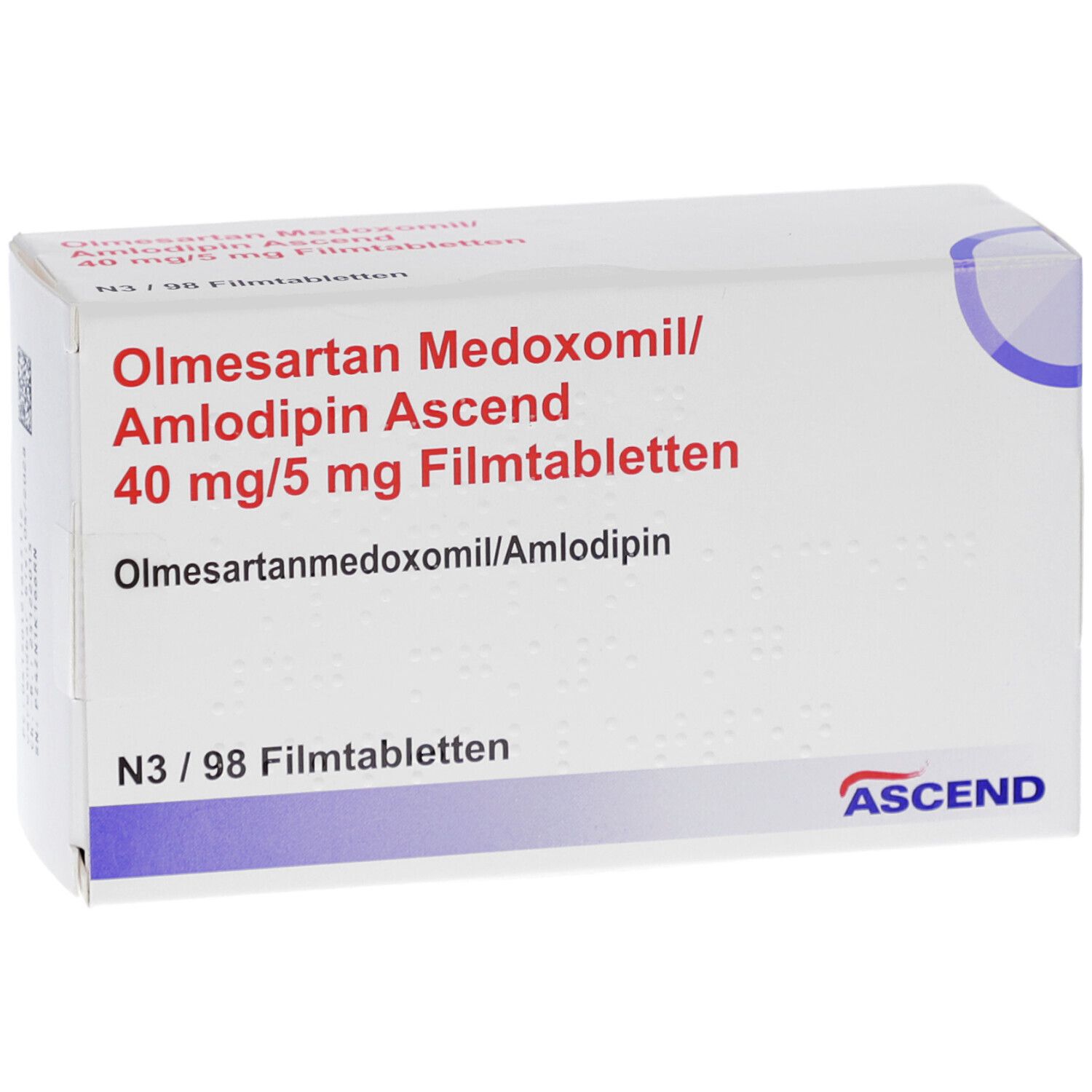 Schachtel mit Aufschrift Olmesartan Medoxomil/Amlodipin Ascend 40 mg/5 mg Filmtabletten. ASCEND-Logo.