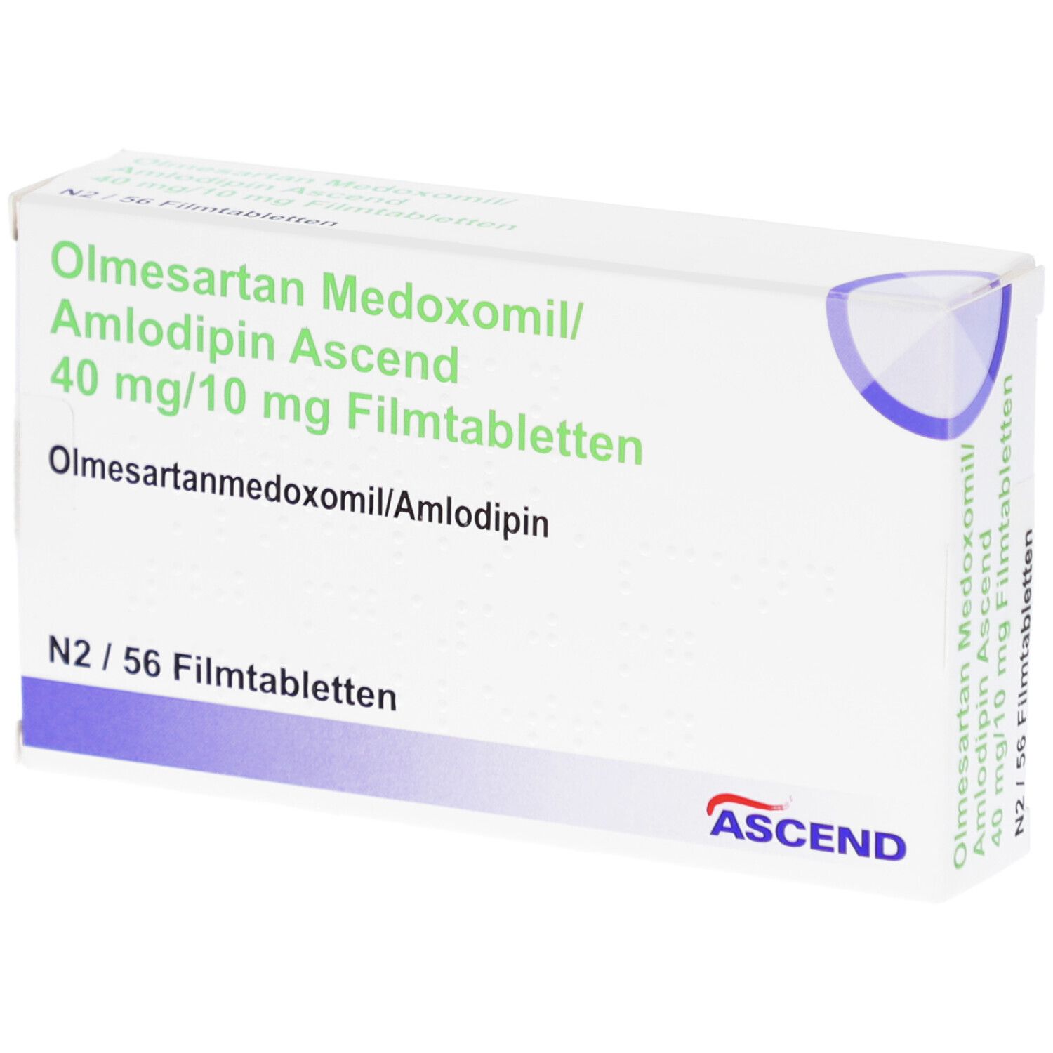 Weißer Karton mit grüner Schrift. Beschriftung: Olmesartan Medoxomil/Amlodipin Ascend 40 mg/10 mg Filmtabletten. ASCEND Logo.