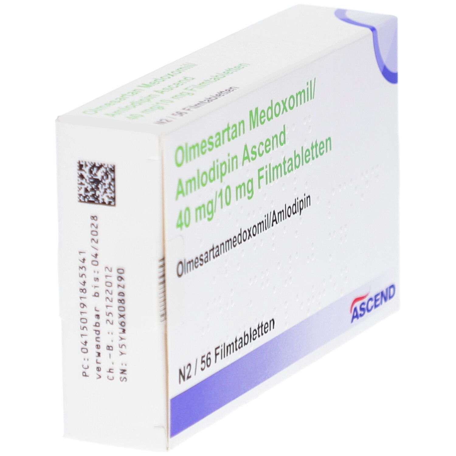 Weißer Karton, schräg. Beschriftung: Olmesartan Medoxomil/Amlodipin Ascend 40 mg/10 mg Filmtabletten. ASCEND Logo. Code und Verfallsdatum.