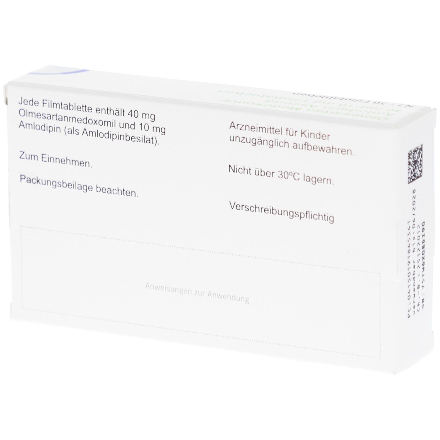 Rückseite des weißen Kartons. Text: Zusammensetzung, Hinweise zur Aufbewahrung, Verschreibungspflichtig. Code und Verfallsdatum.
