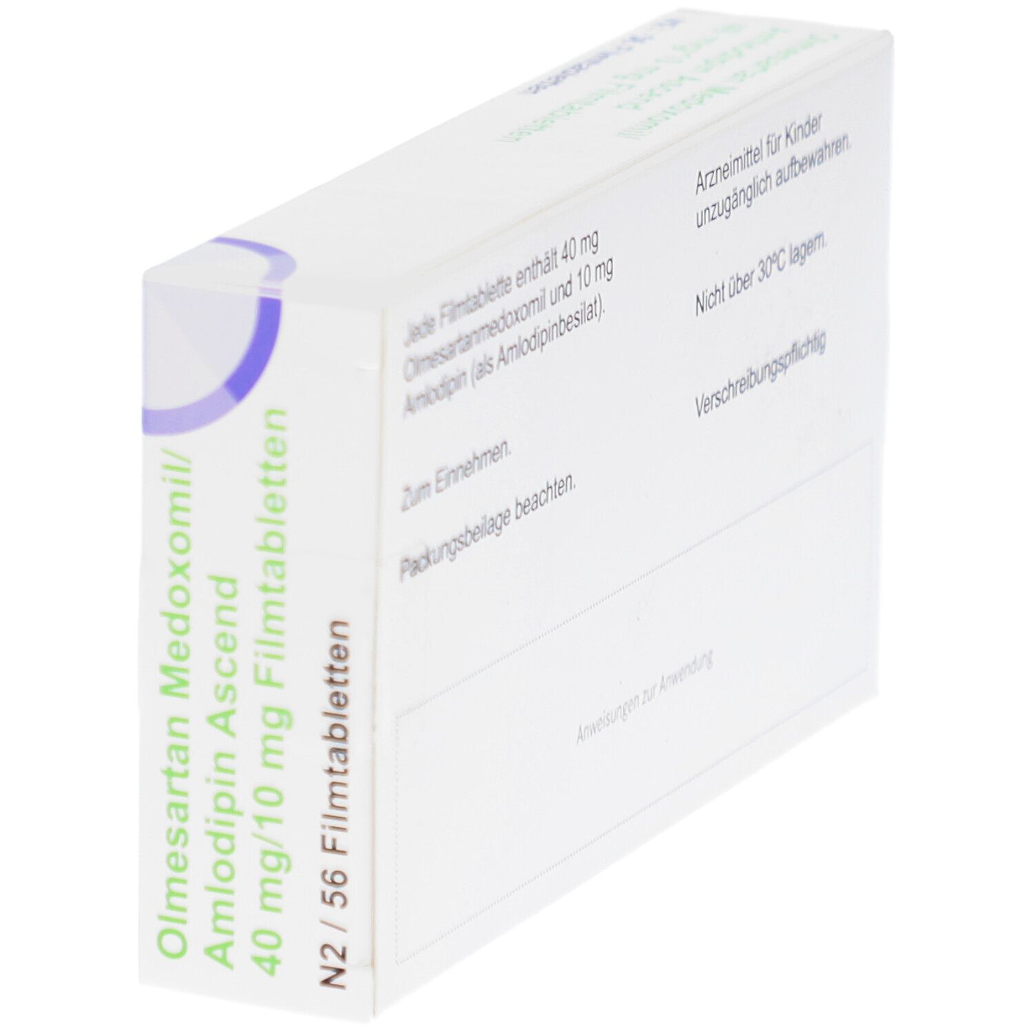 Weißer Karton, schräg. Beschriftung: Olmesartan Medoxomil/Amlodipin Ascend 40 mg/10 mg Filmtabletten. Rückseite mit Text.