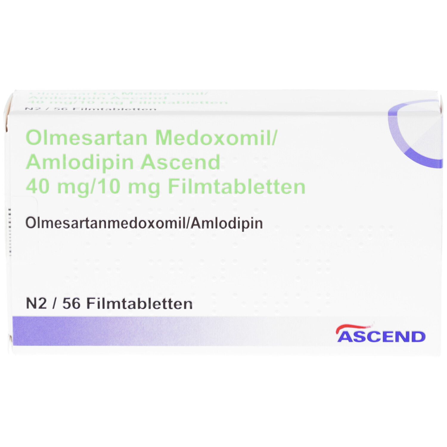 Weißer Karton mit grüner Schrift. Beschriftung: Olmesartan Medoxomil/Amlodipin Ascend 40 mg/10 mg Filmtabletten. ASCEND Logo.