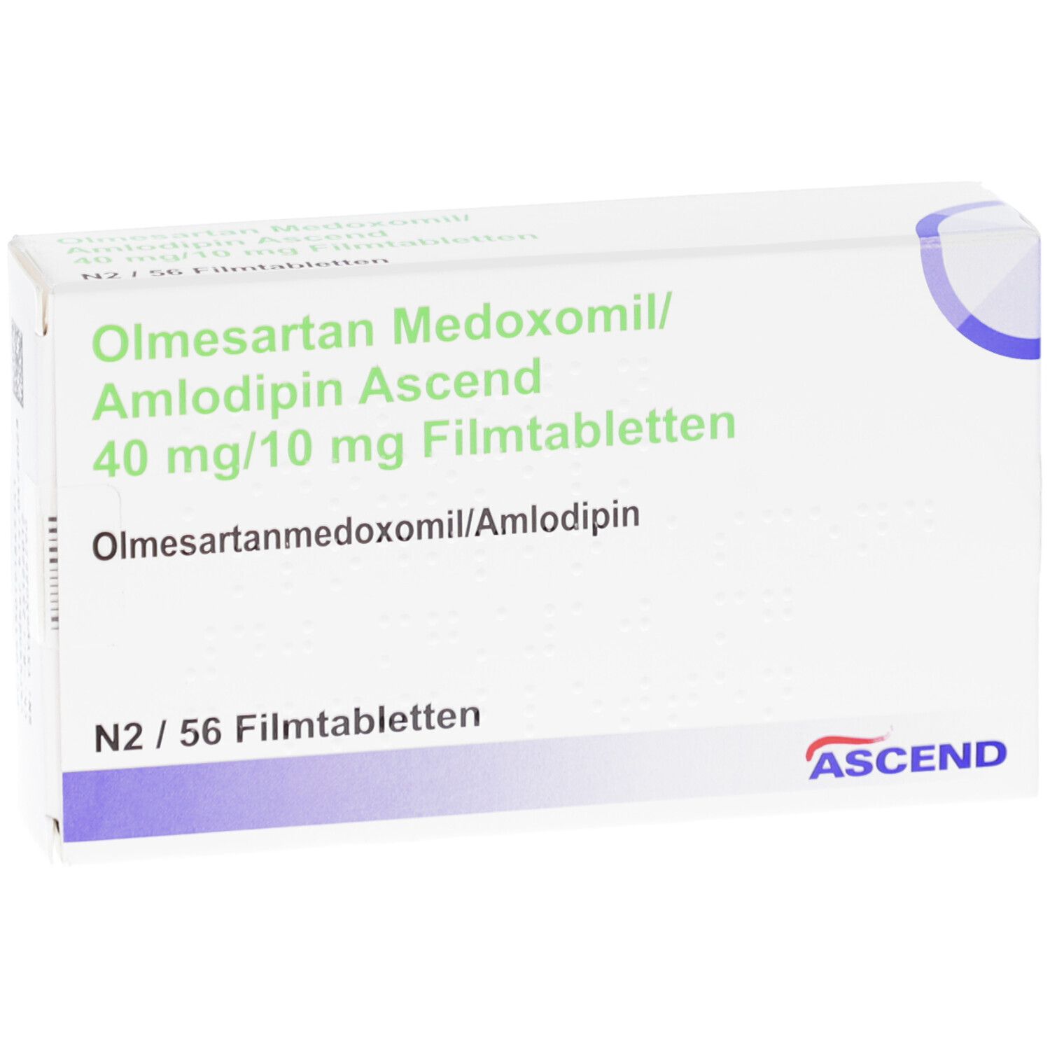 Weißer Karton mit grüner Schrift. Beschriftung: Olmesartan Medoxomil/Amlodipin Ascend 40 mg/10 mg Filmtabletten. ASCEND Logo.