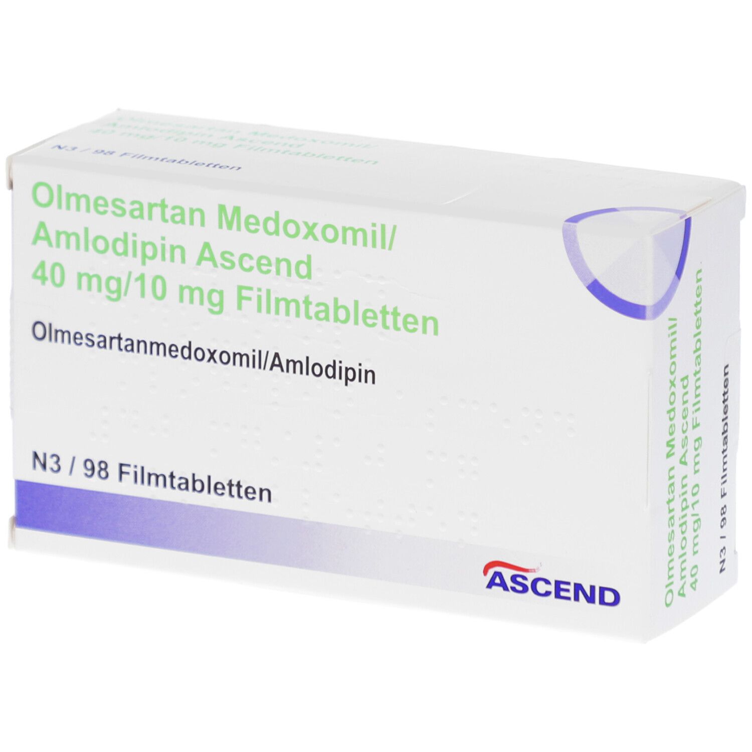 Weiße Arzneimittelverpackung. Beschriftung: Olmesartan Medoxomil/Amlodipin Ascend 40 mg/10 mg Filmtabletten. ASCEND-Logo.
