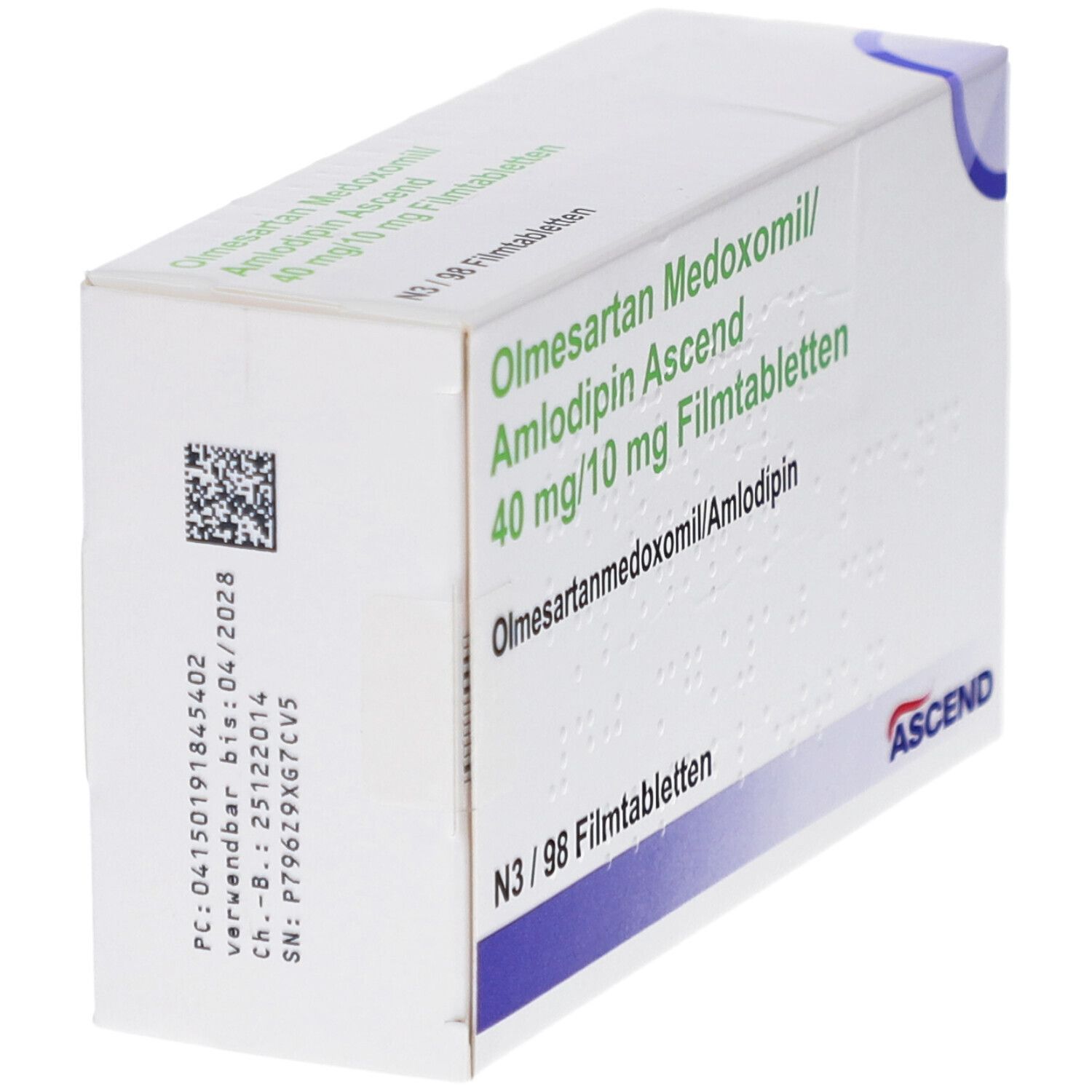Schräg gestellte Arzneimittelverpackung. Beschriftung: Olmesartan Medoxomil/Amlodipin Ascend 40 mg/10 mg Filmtabletten. ASCEND-Logo.