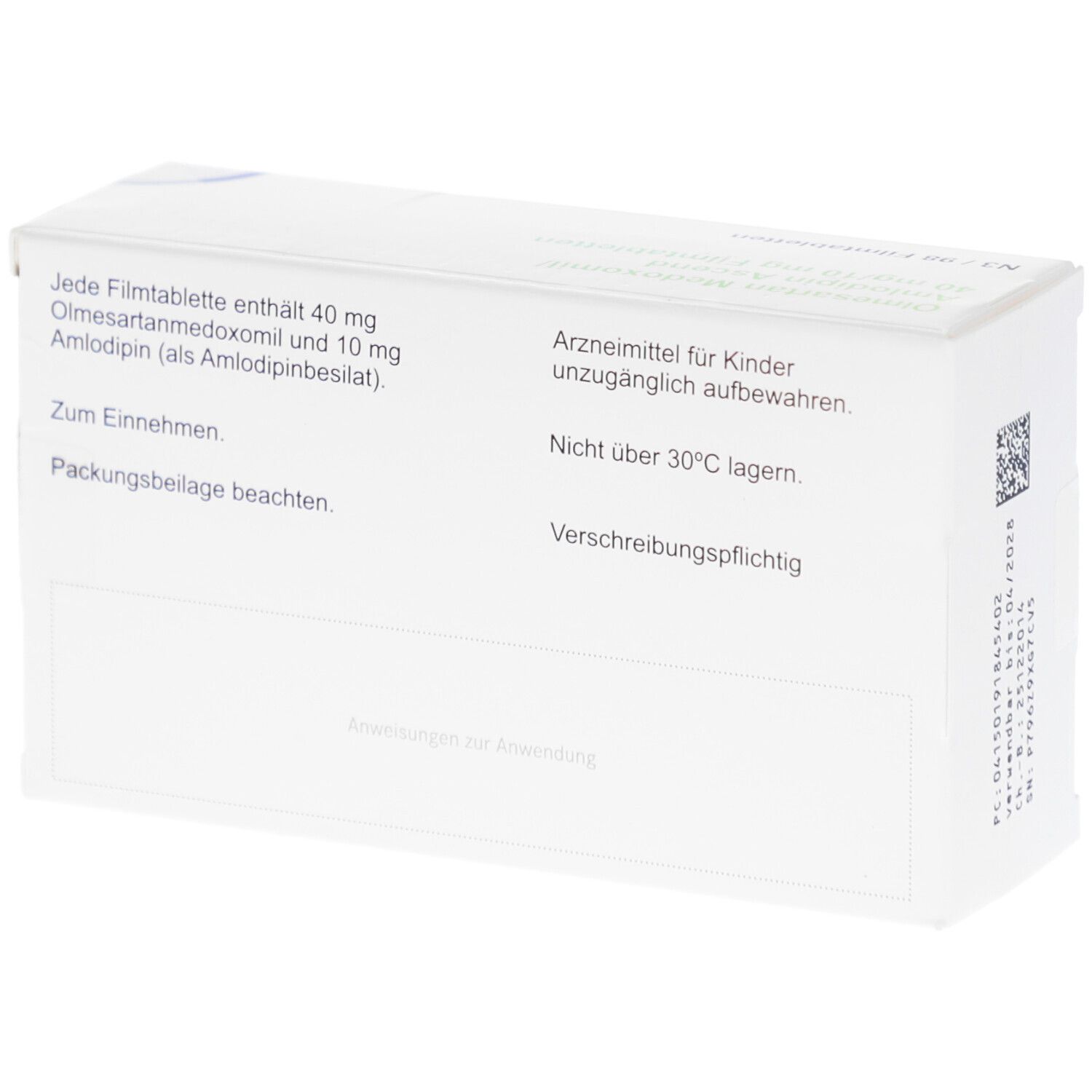 Rückseite einer Arzneimittelverpackung. Text: Enthält 40 mg Olmesartanmedoxomil und 10 mg Amlodipin. Nicht über 30°C lagern.