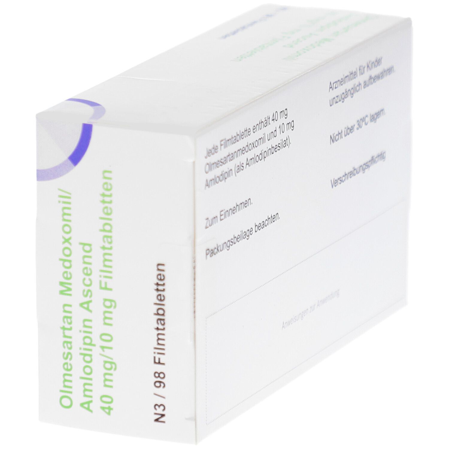 Schräg gestellte Arzneimittelverpackung. Beschriftung: Olmesartan Medoxomil/Amlodipin Ascend 40 mg/10 mg Filmtabletten.
