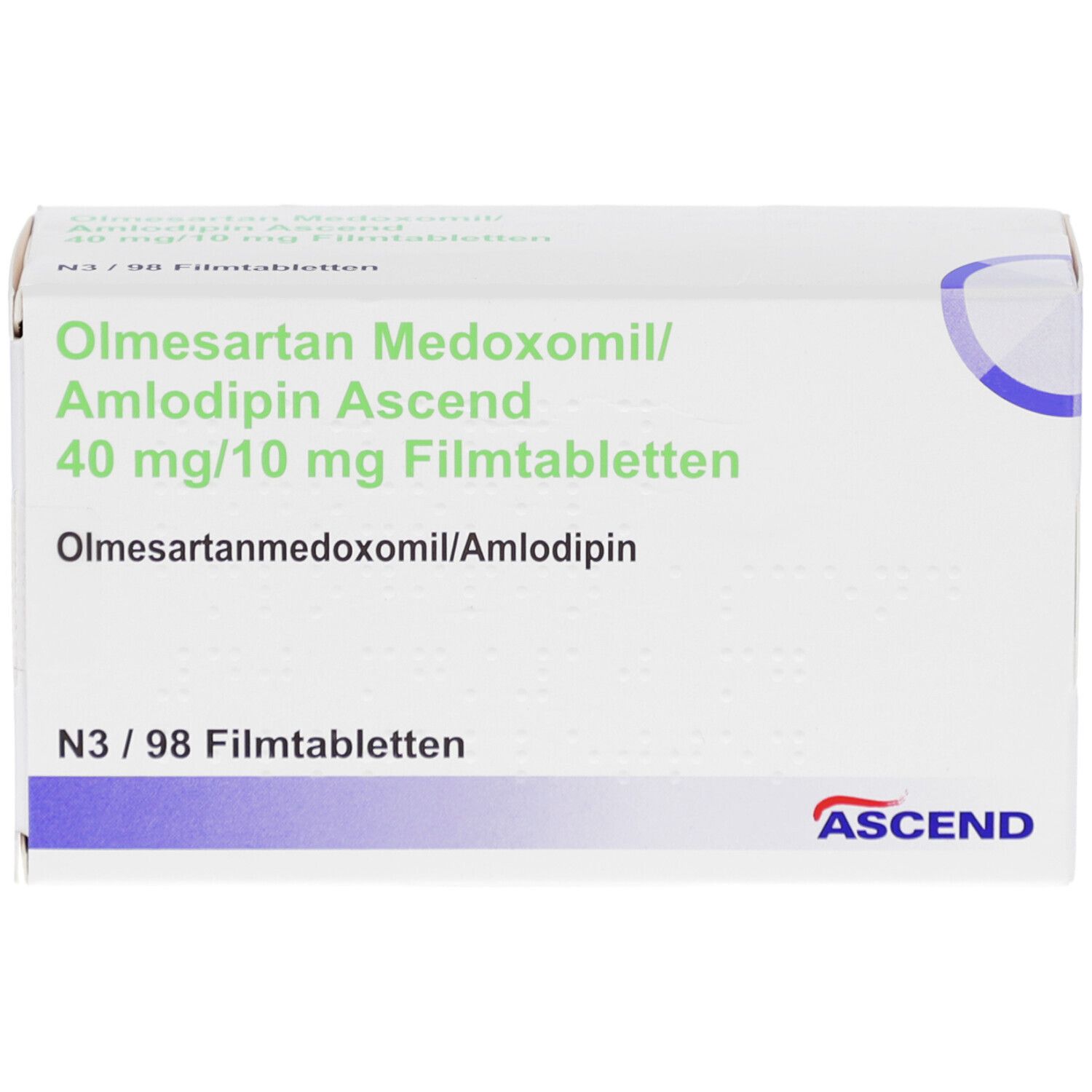 Arzneimittelverpackung. Beschriftung: Olmesartan Medoxomil/Amlodipin Ascend 40 mg/10 mg Filmtabletten. ASCEND-Logo.