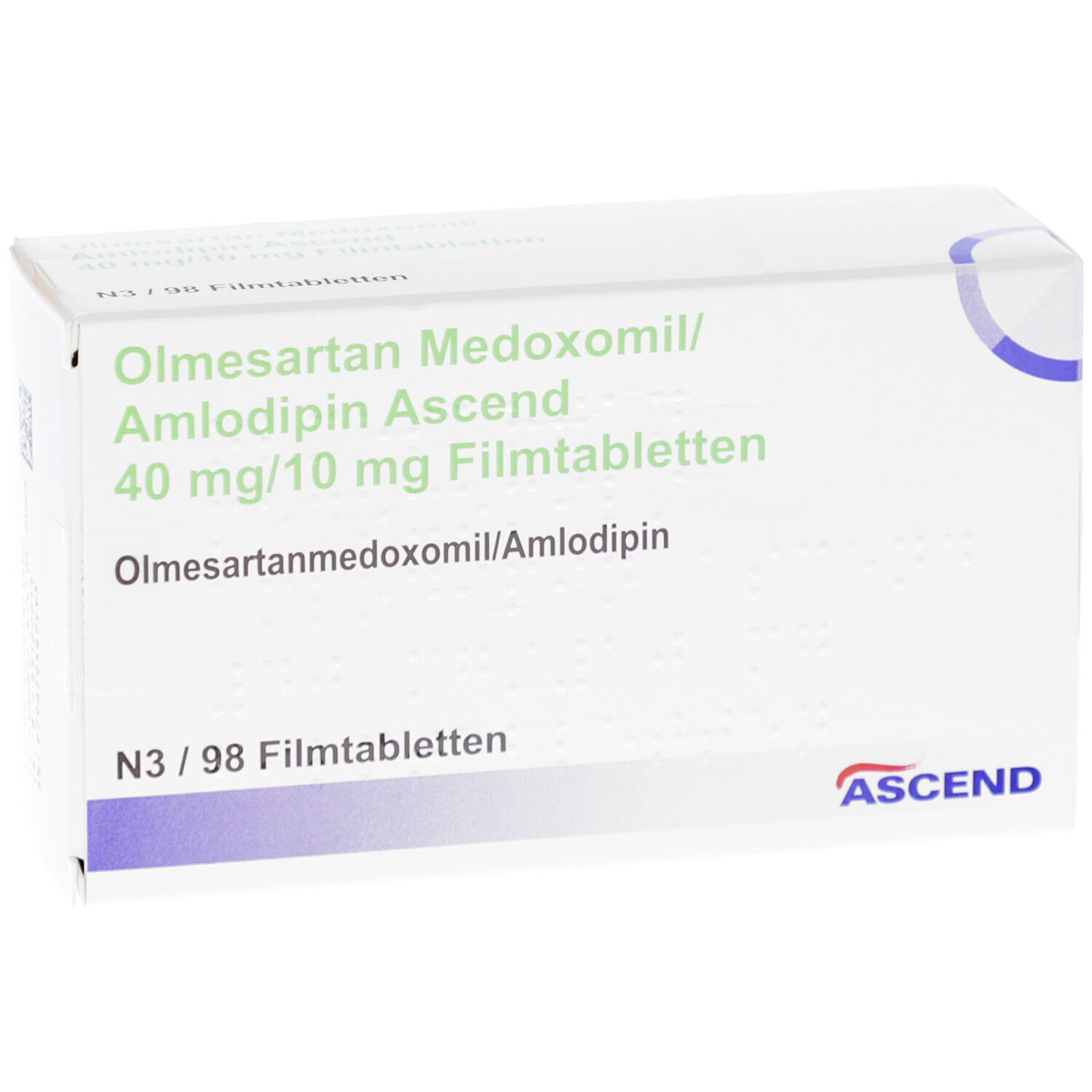 Arzneimittelverpackung. Beschriftung: Olmesartan Medoxomil/Amlodipin Ascend 40 mg/10 mg Filmtabletten. ASCEND-Logo.