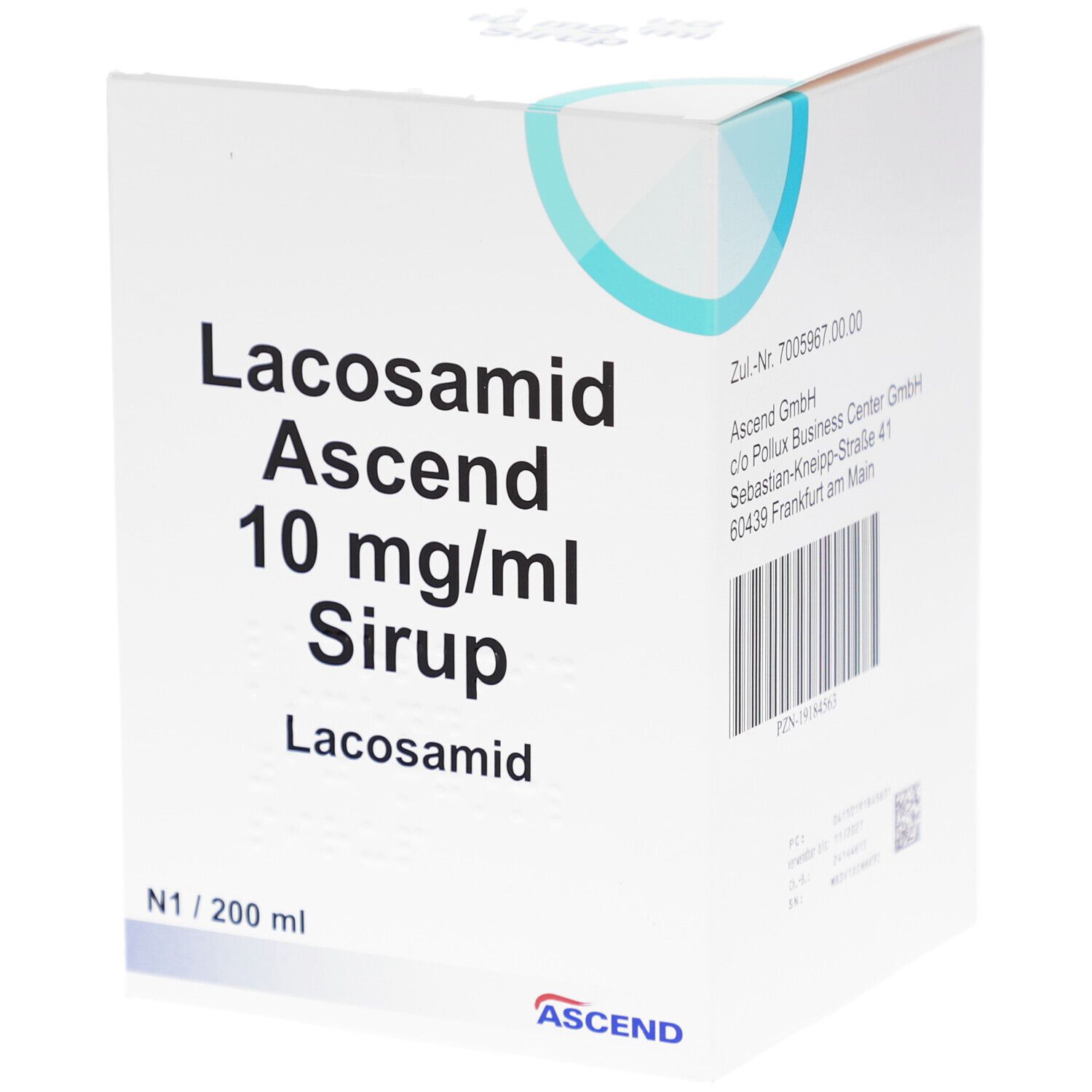 Weiße Faltschachtel mit Aufschrift Lacosamid Ascend 10 mg/ml Sirup. Unten steht N1 / 200 ml und ASCEND.