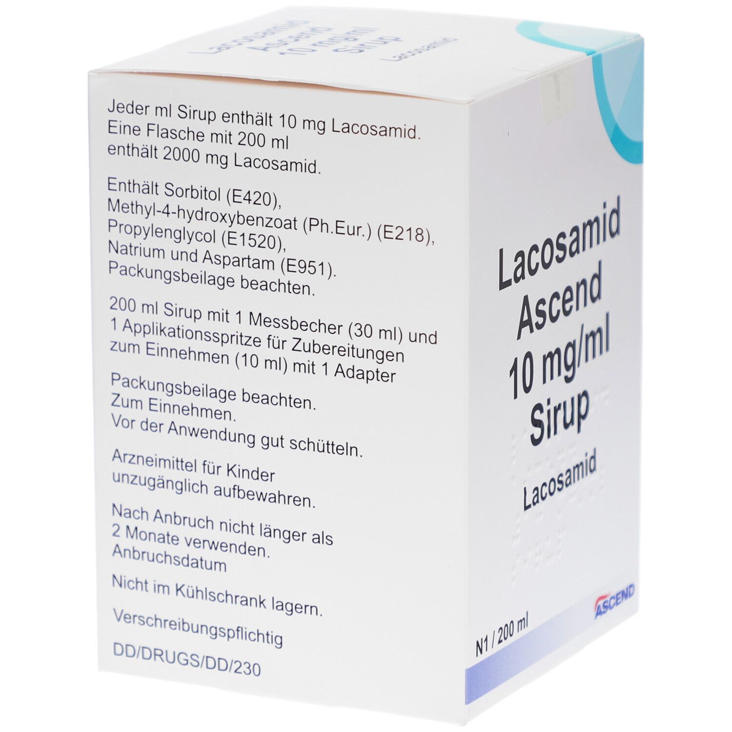 Weiße Faltschachtel mit Text. Enthält 10 mg Lacosamid pro ml. Eine Flasche enthält 200 ml. Mit Messbecher und Applikationsspritze.
