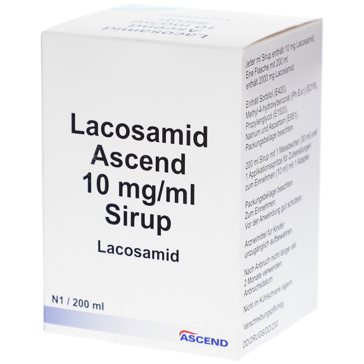 Weiße Faltschachtel mit Aufschrift Lacosamid Ascend 10 mg/ml Sirup. Unten steht N1 / 200 ml und ASCEND.