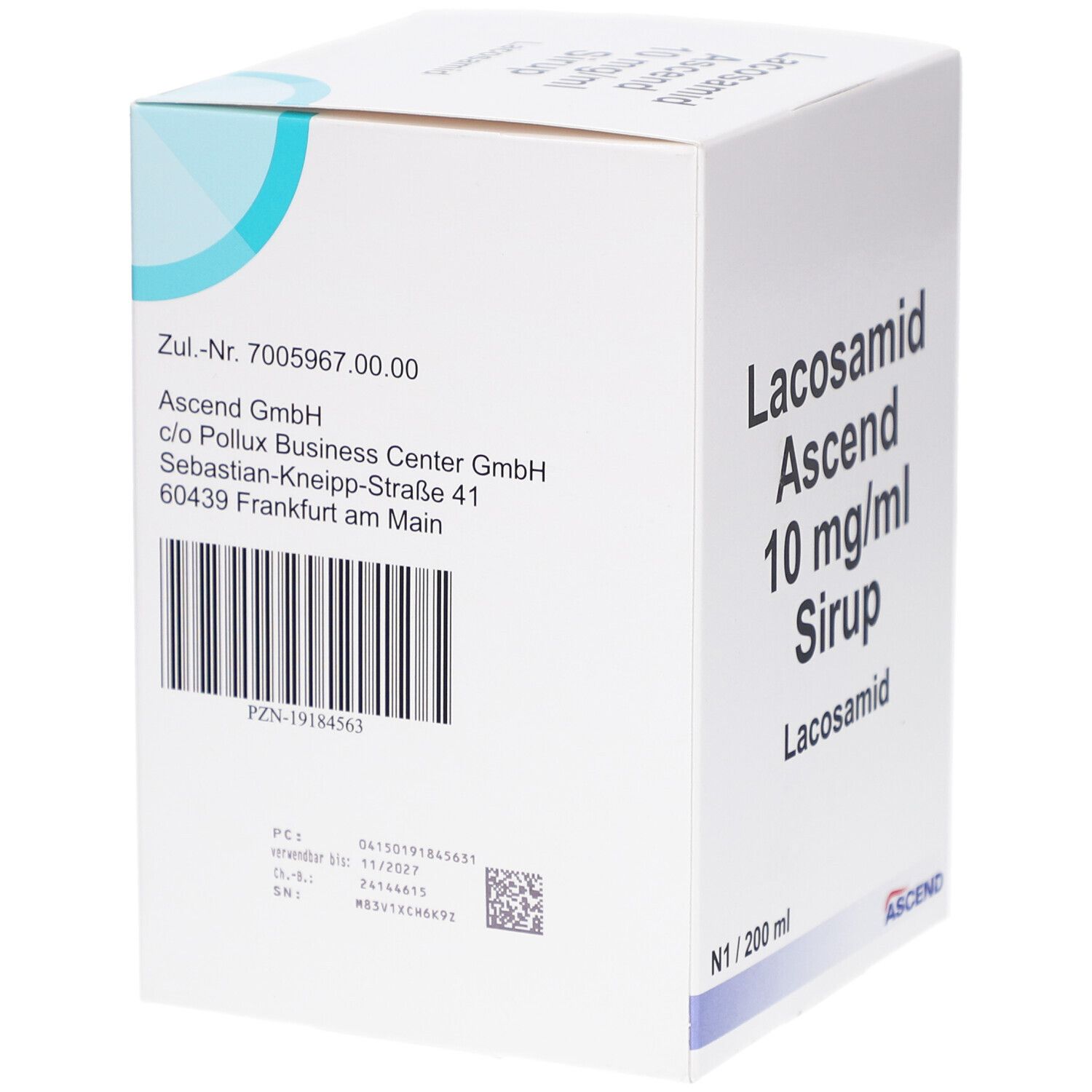 Weiße Faltschachtel mit Aufschrift Lacosamid Ascend 10 mg/ml Sirup. Mit Barcode und weiteren Informationen.