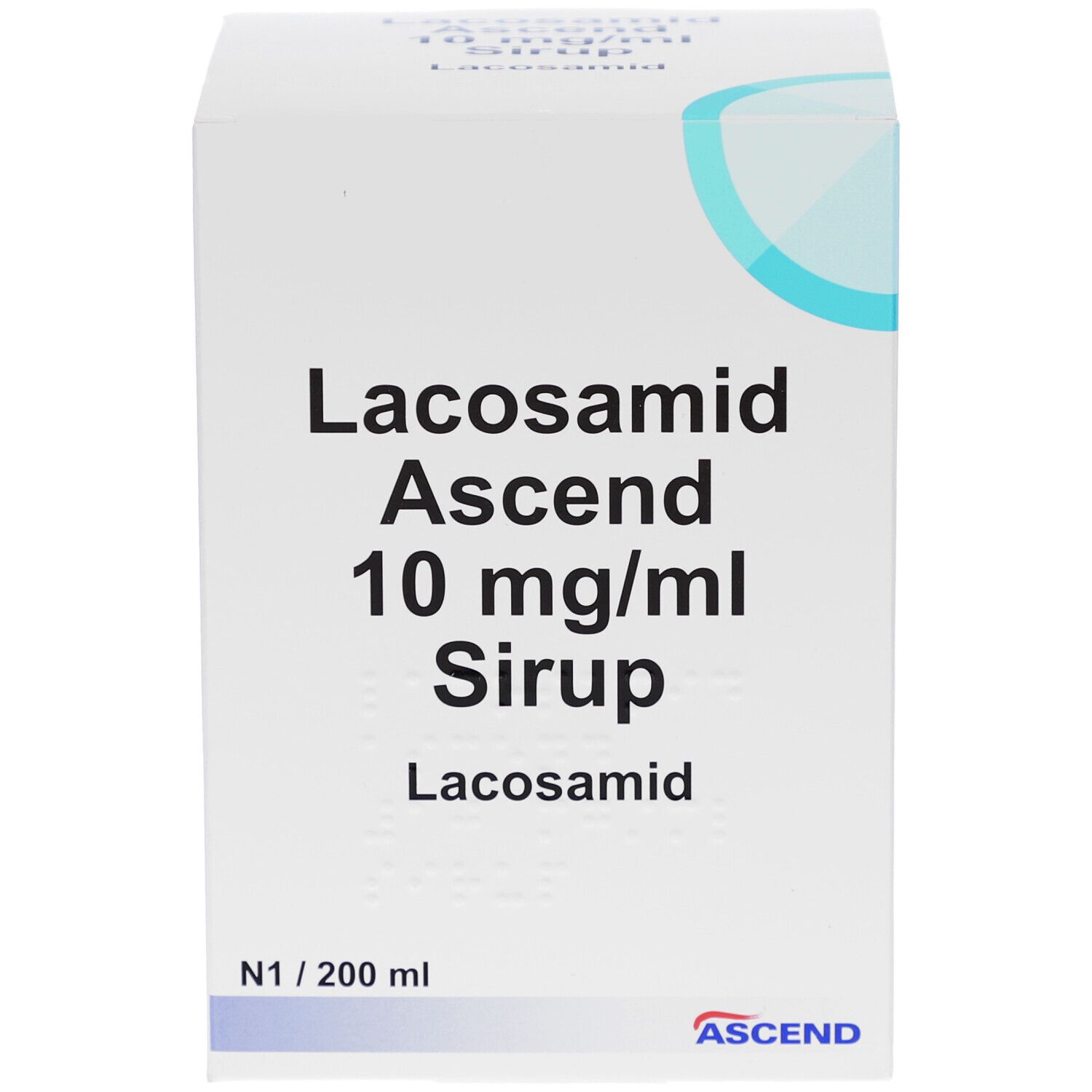 Weiße Faltschachtel mit Aufschrift Lacosamid Ascend 10 mg/ml Sirup. Unten steht N1 / 200 ml und ASCEND.