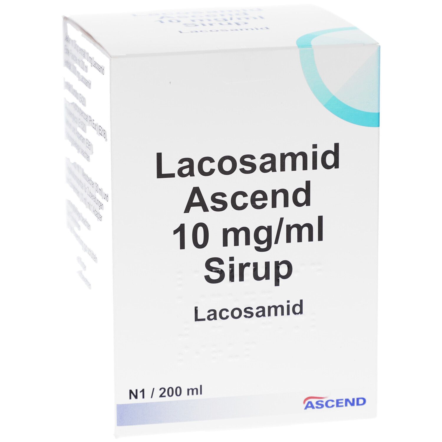 Weiße Faltschachtel mit Aufschrift Lacosamid Ascend 10 mg/ml Sirup. Unten steht N1 / 200 ml und ASCEND.